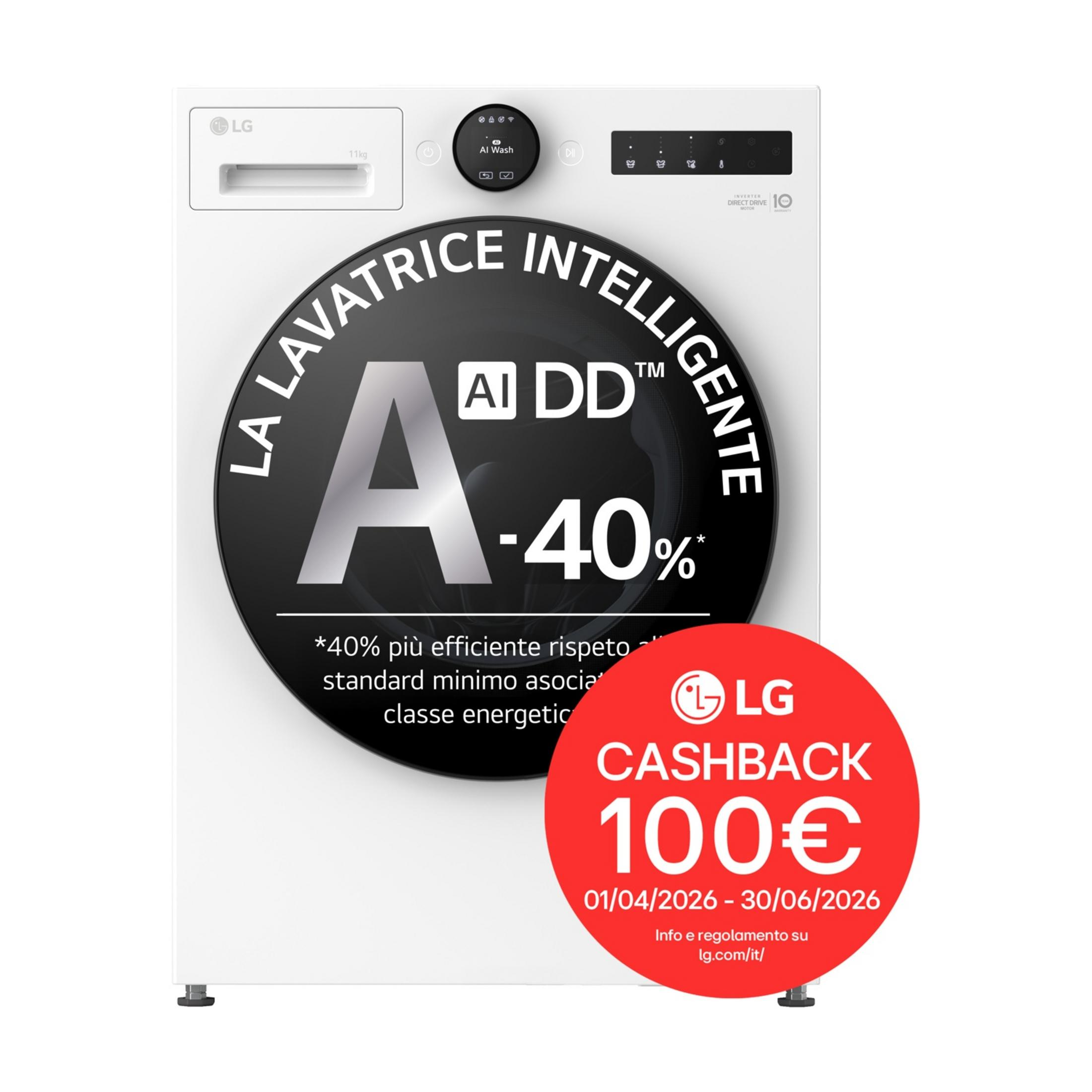 Weiße LG Waschmaschine mit schwarzem Kreis, der 'AI DD -40%' anzeigt.