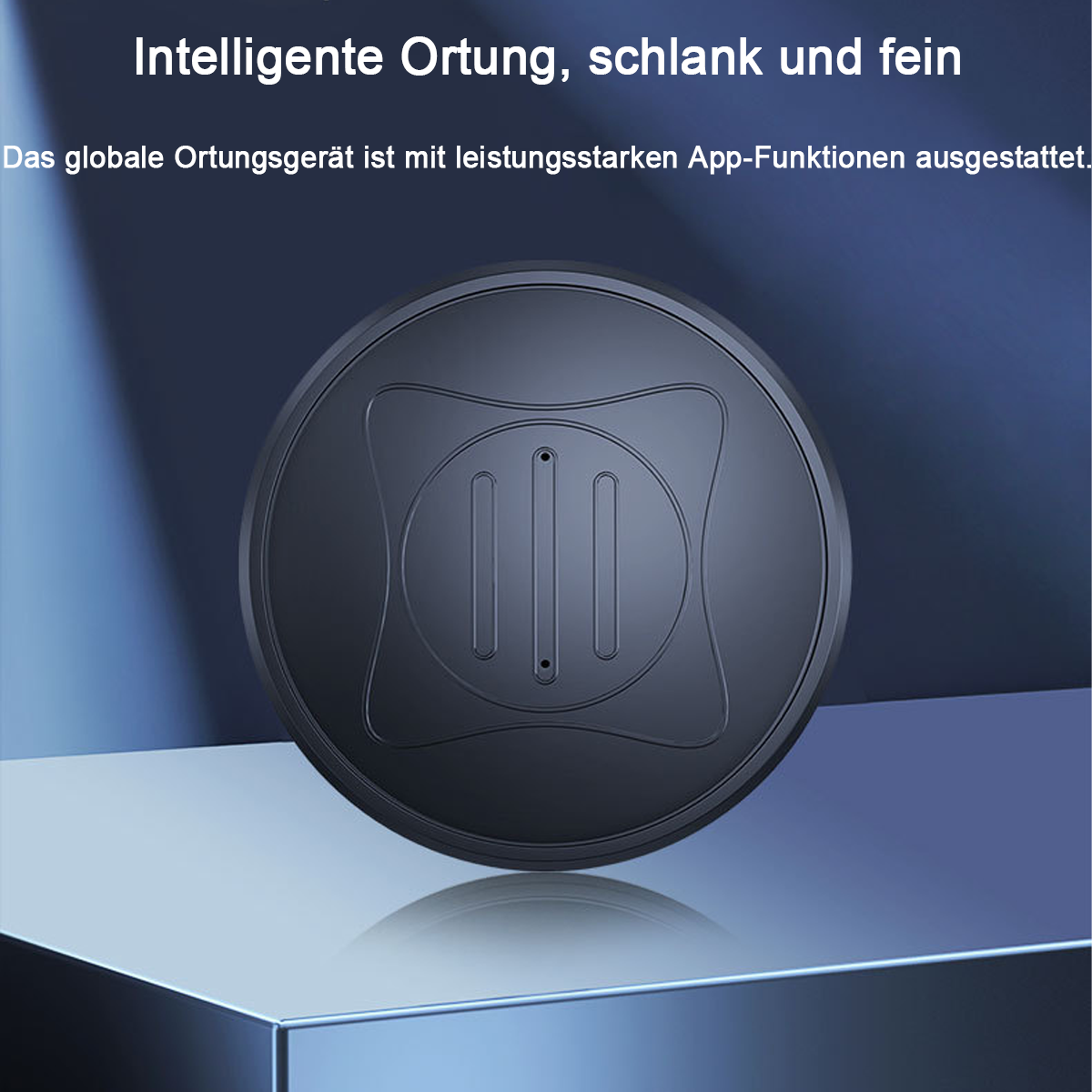 Ein rundes, dunkelgraues Ortungsgerät mit strukturierter Oberfläche steht auf einer reflektierenden Fläche.