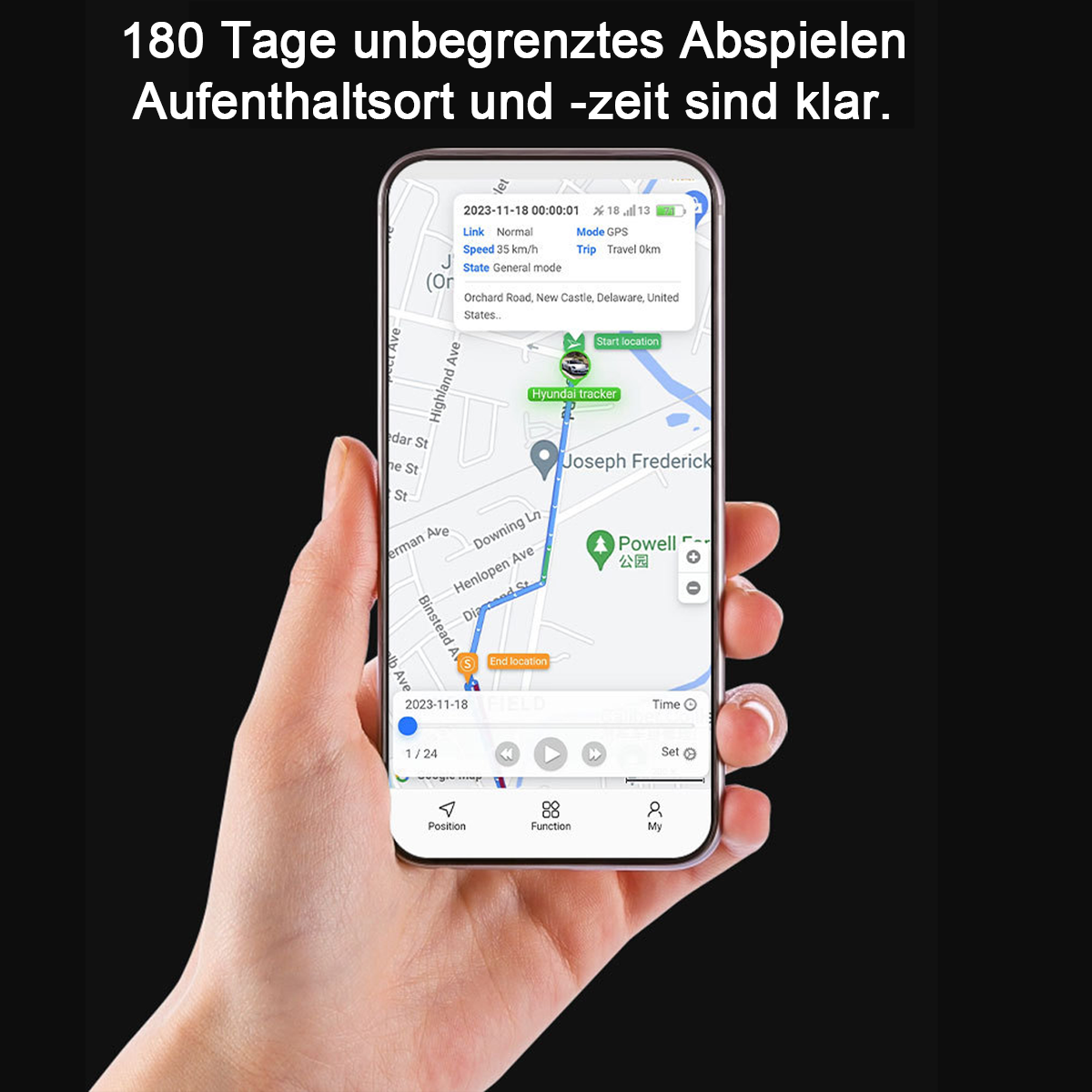 Hand hält Smartphone mit Navigations-App, zeigt Route und Fahrzeugortung an.