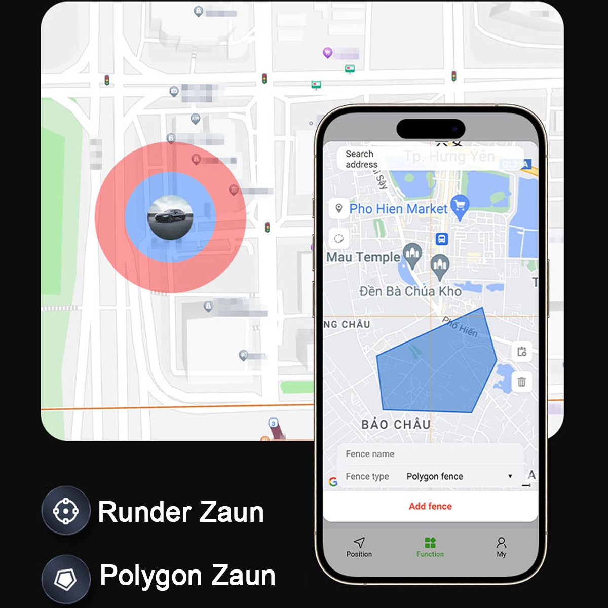 Karte mit Standort-Tracker und Smartphone-App zur Verwaltung von Geofences.