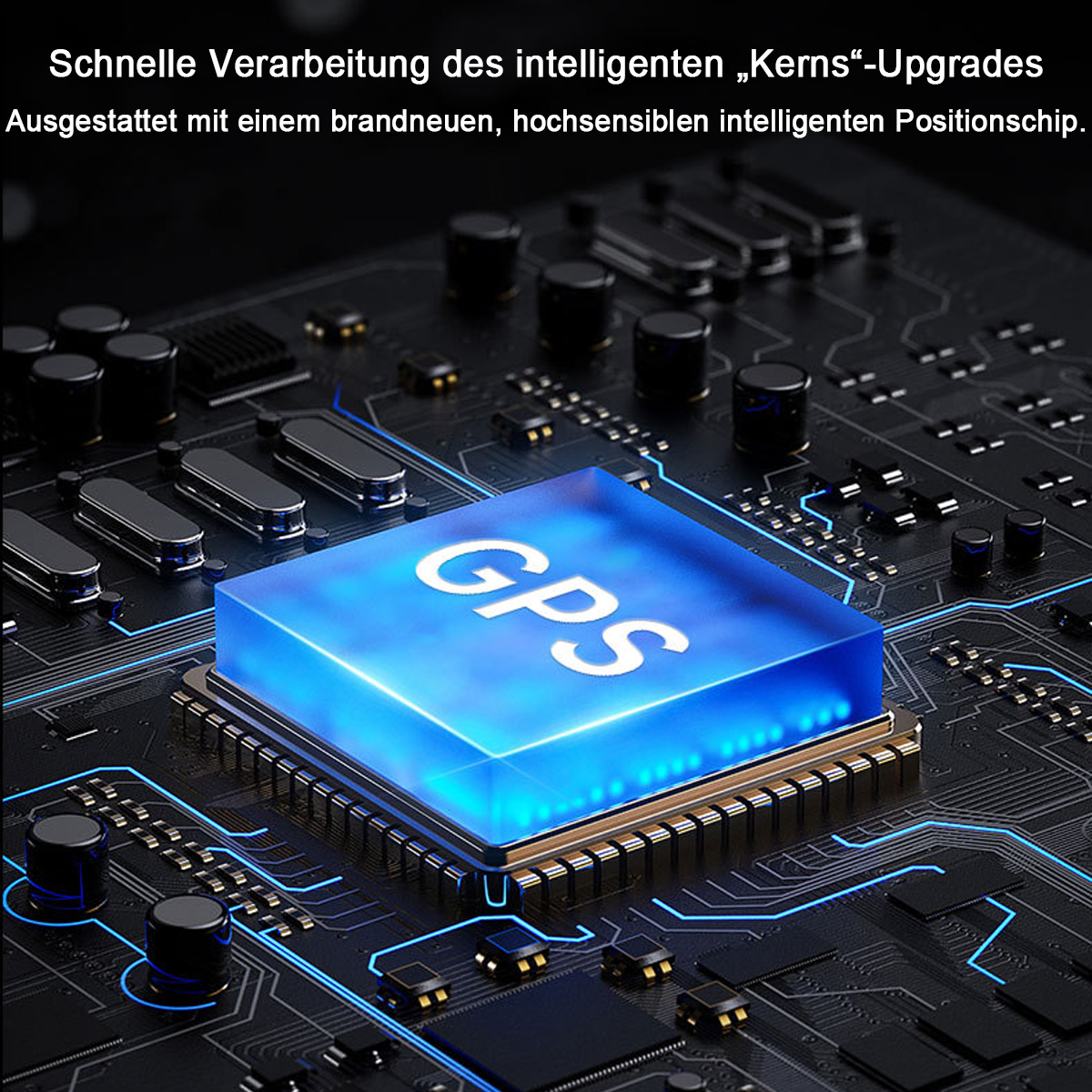 Ein leuchtend blauer GPS-Chip auf einer Leiterplatte mit feinen blauen Linien.