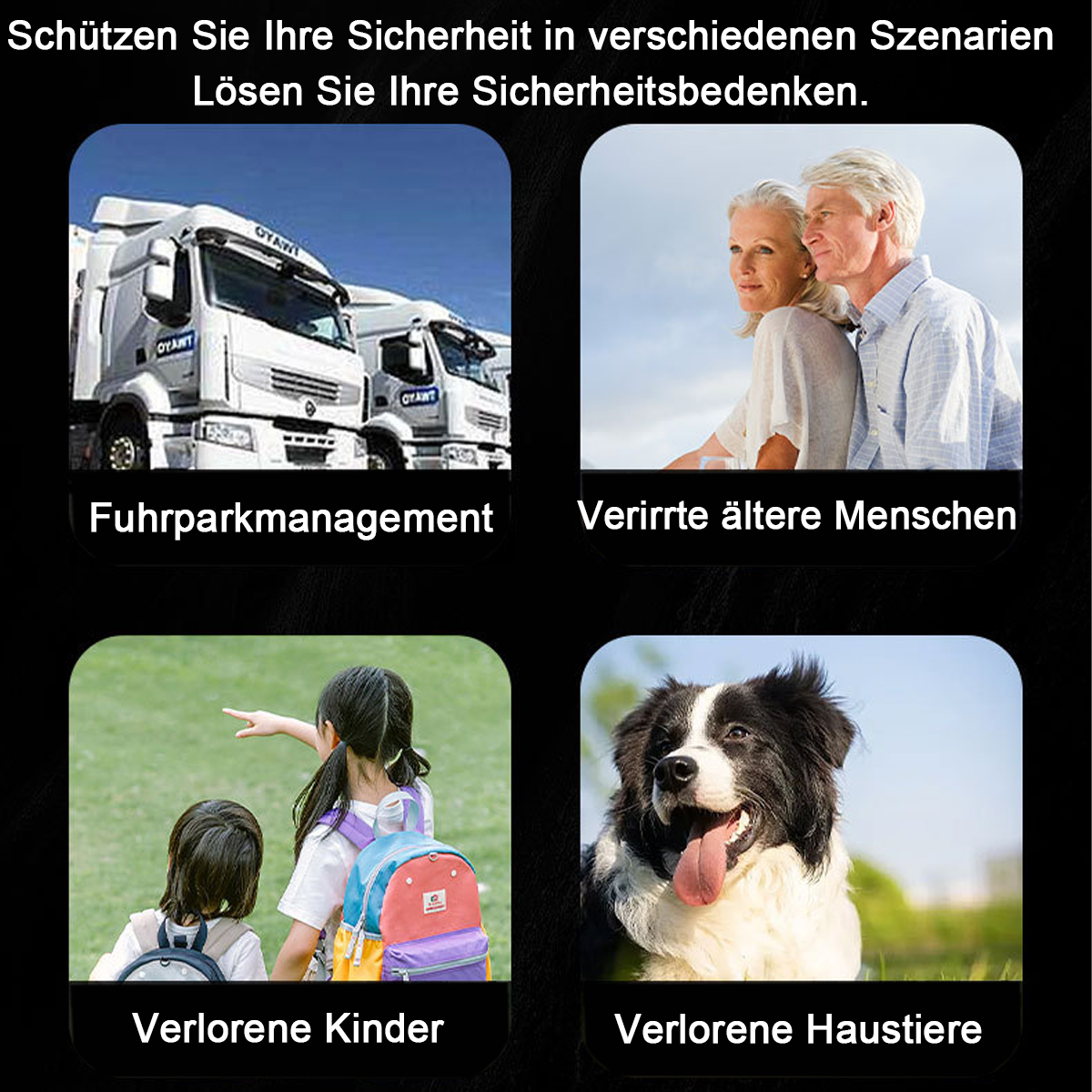 Vier Szenarien: LKW, älteres Paar, Kinder, Hund.