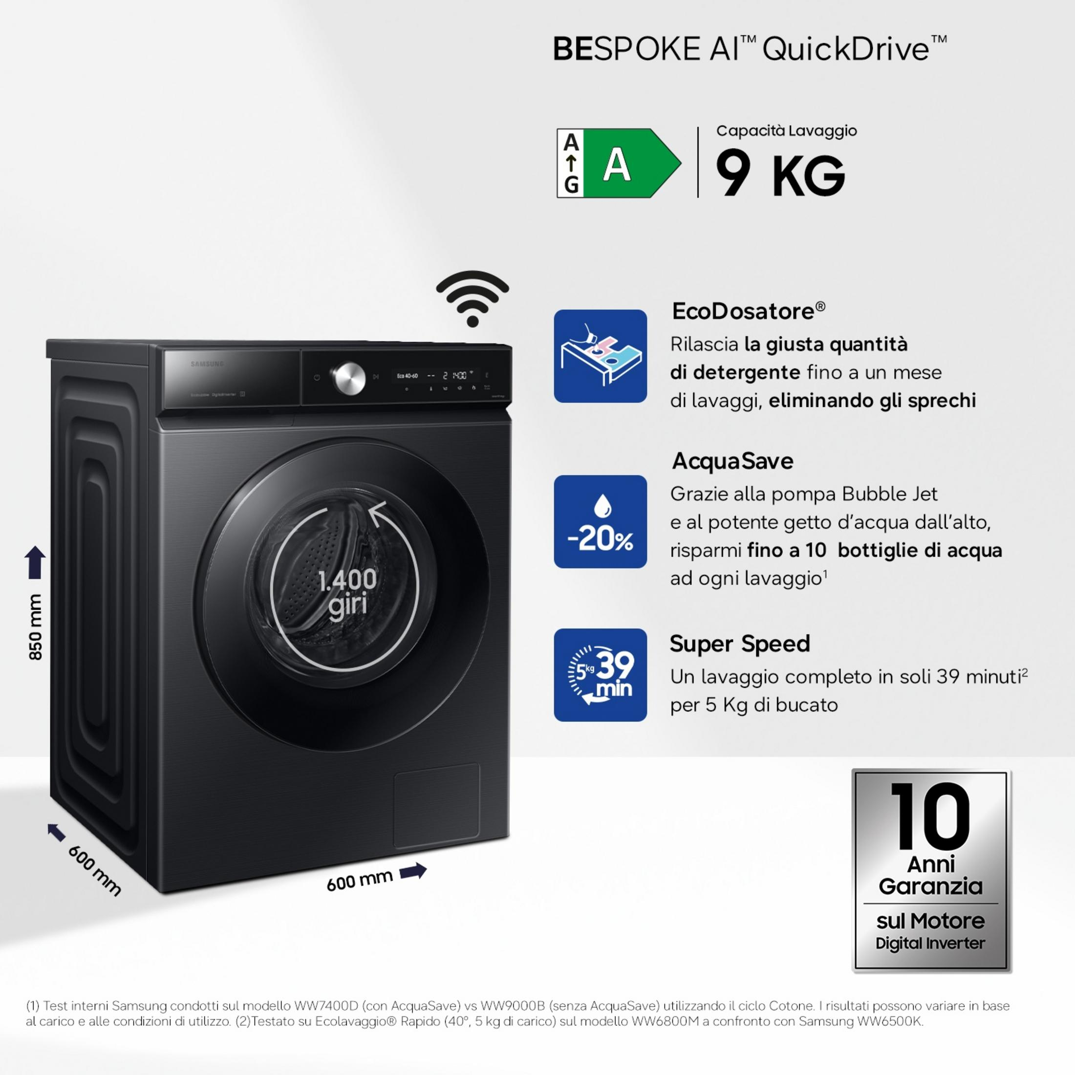 Lavatrice Samsung nera, capacità 9kg, classe energetica A.