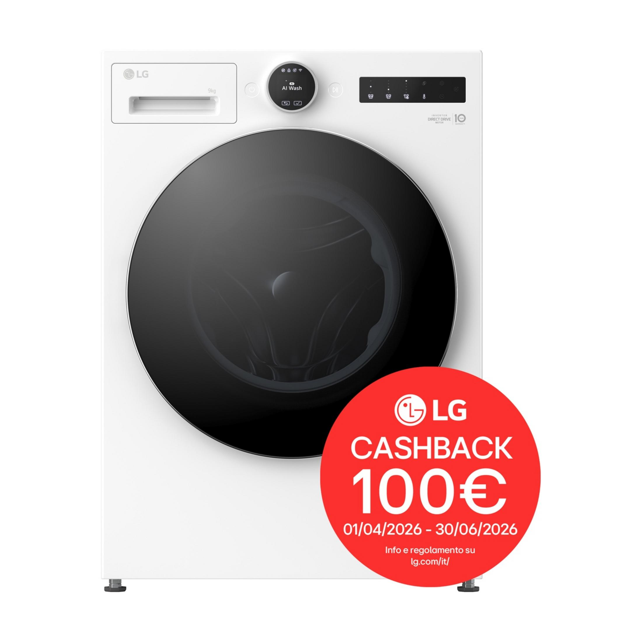 Lavatrice LG bianca con oblò nero e cerchio rosso cashback.