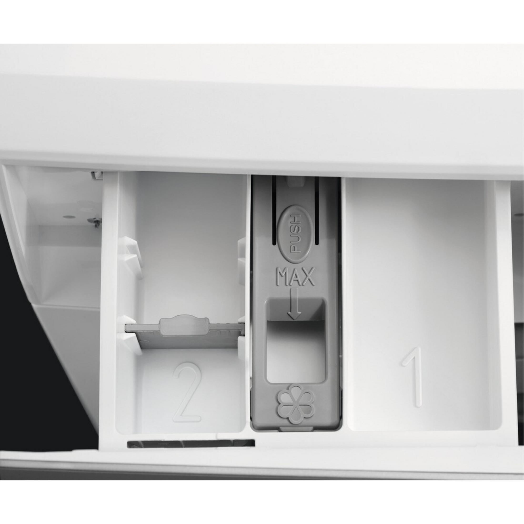 Un dispenser di detersivo bianco con scomparti 1, 2 e impostazione push max.