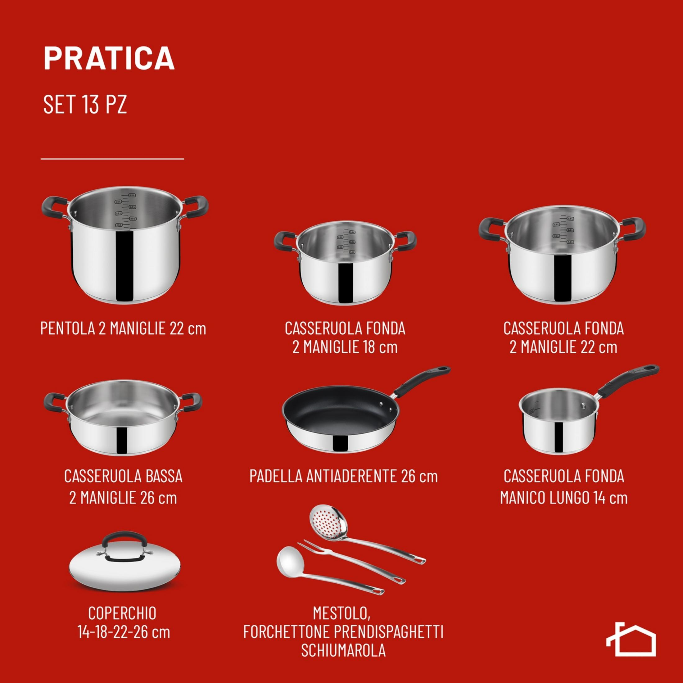 Pentole, padella, coperchio e mestoli in acciaio inossidabile su sfondo rosso.