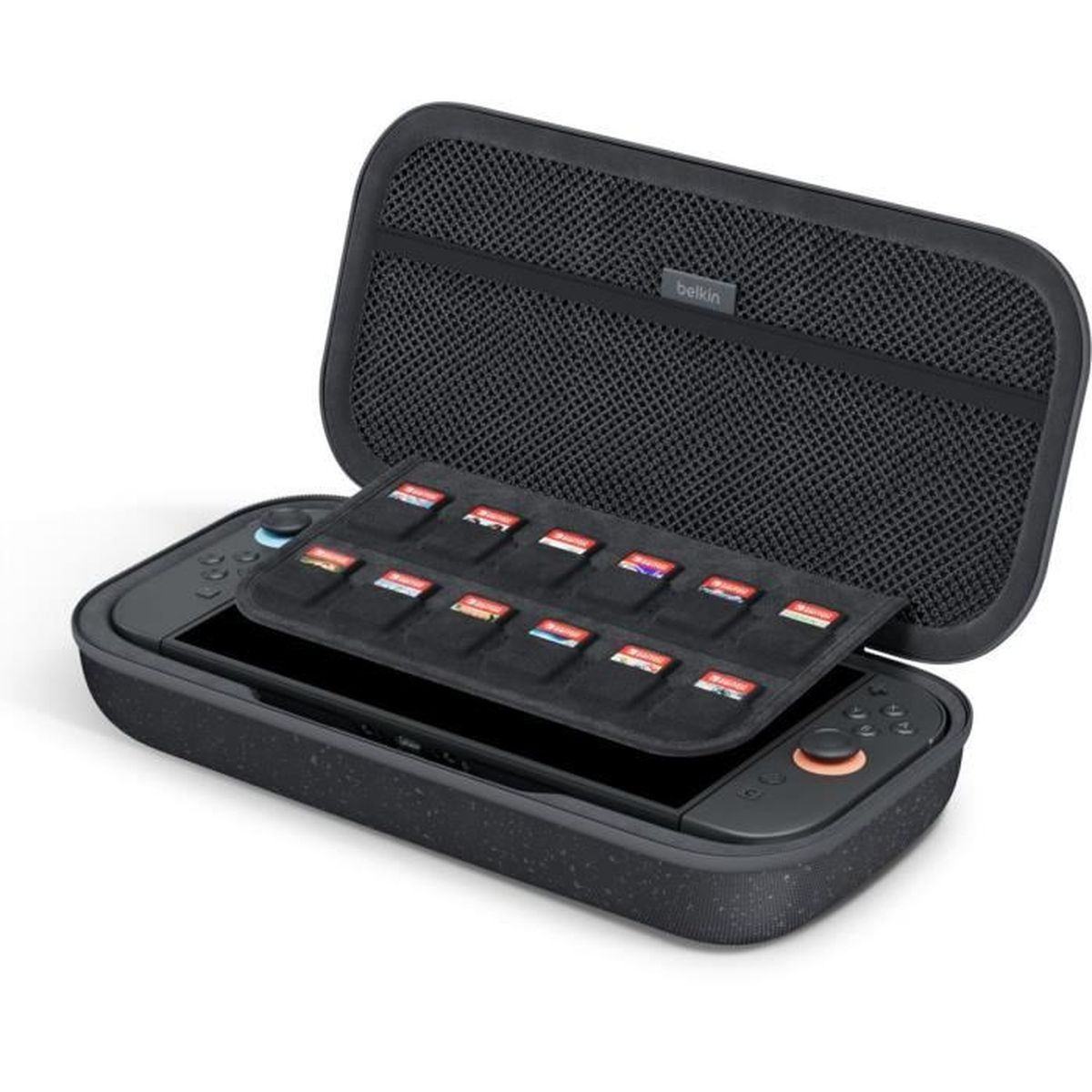 Ein schwarzes Etui mit einer Spielekonsole und Speicherkartenfächern.