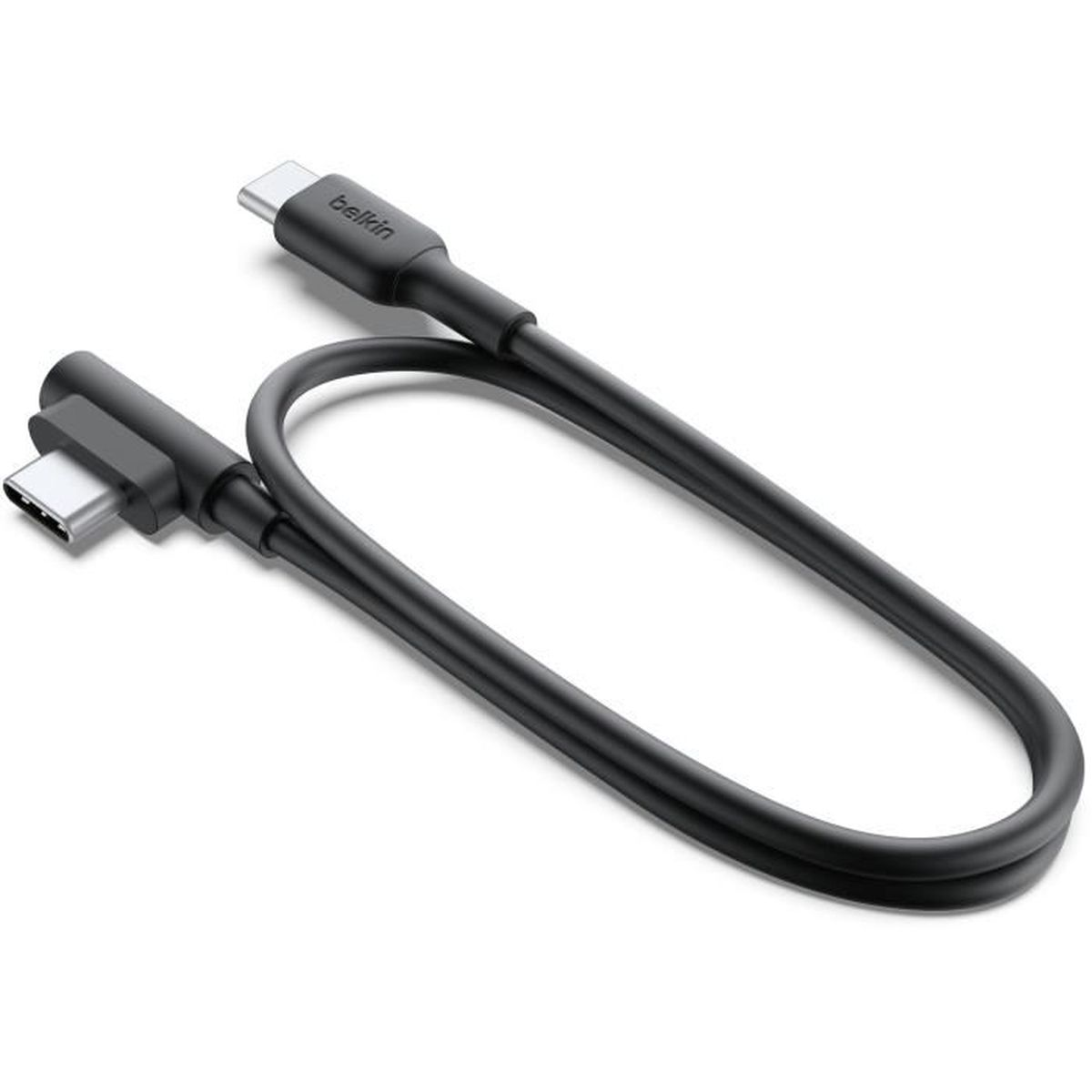 Schwarzes Belkin USB-C zu USB-C Kabel mit rechtwinkligem Stecker an einem Ende.