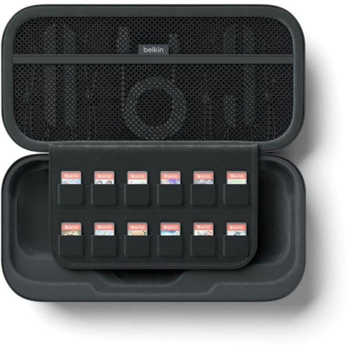 Geöffnete schwarze Belkin-Hülle mit 12 gespeicherten Nintendo Switch-Spielkassetten.