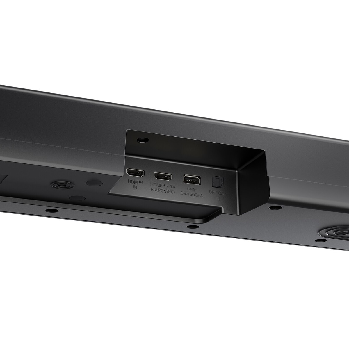 Schwarze Soundbar-Rückseite mit HDMI IN, HDMI TV (eARC/ARC), USB und optischen Eingangsanschlüssen.