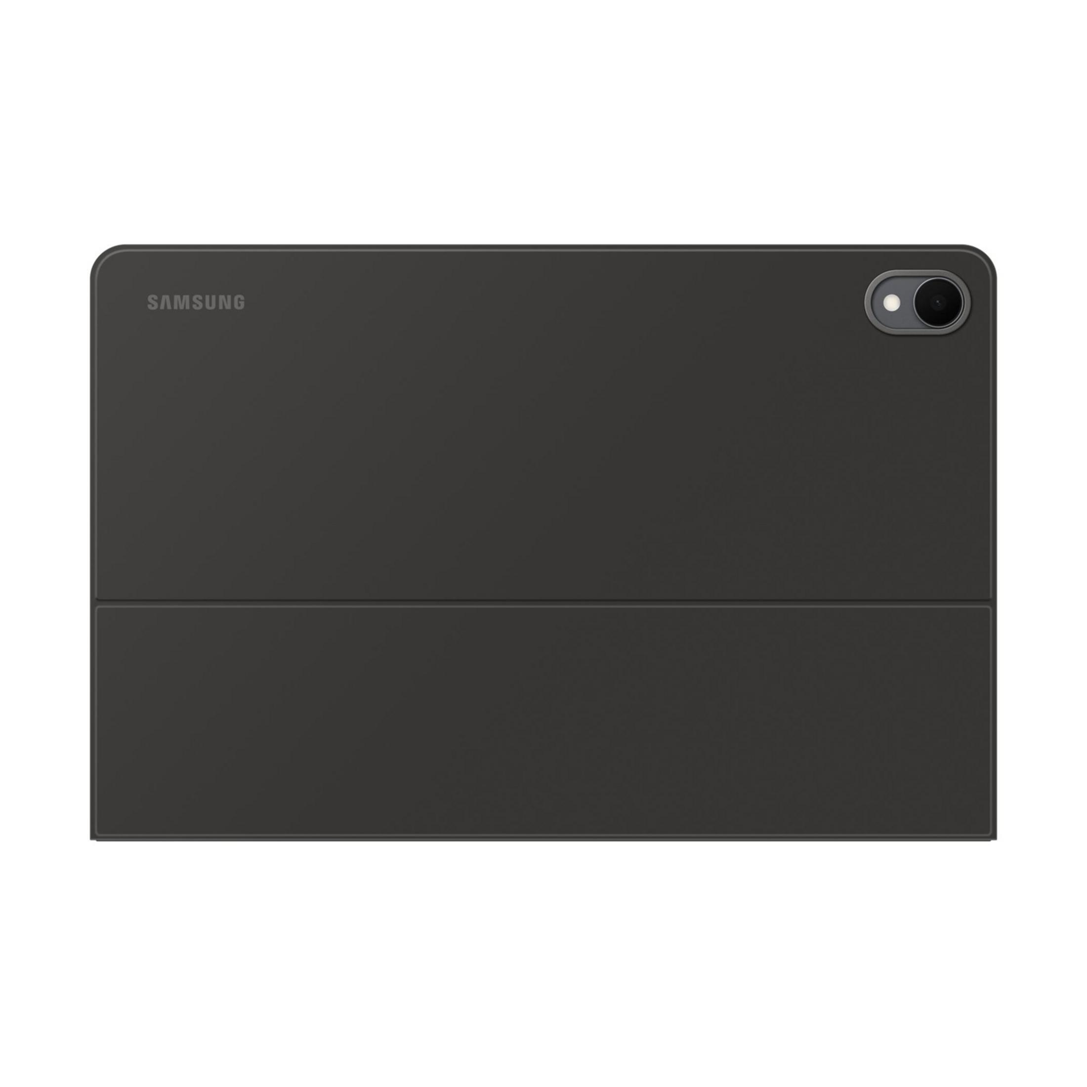 Tablet Samsung grigio scuro con cover piegata e modulo fotocamera.