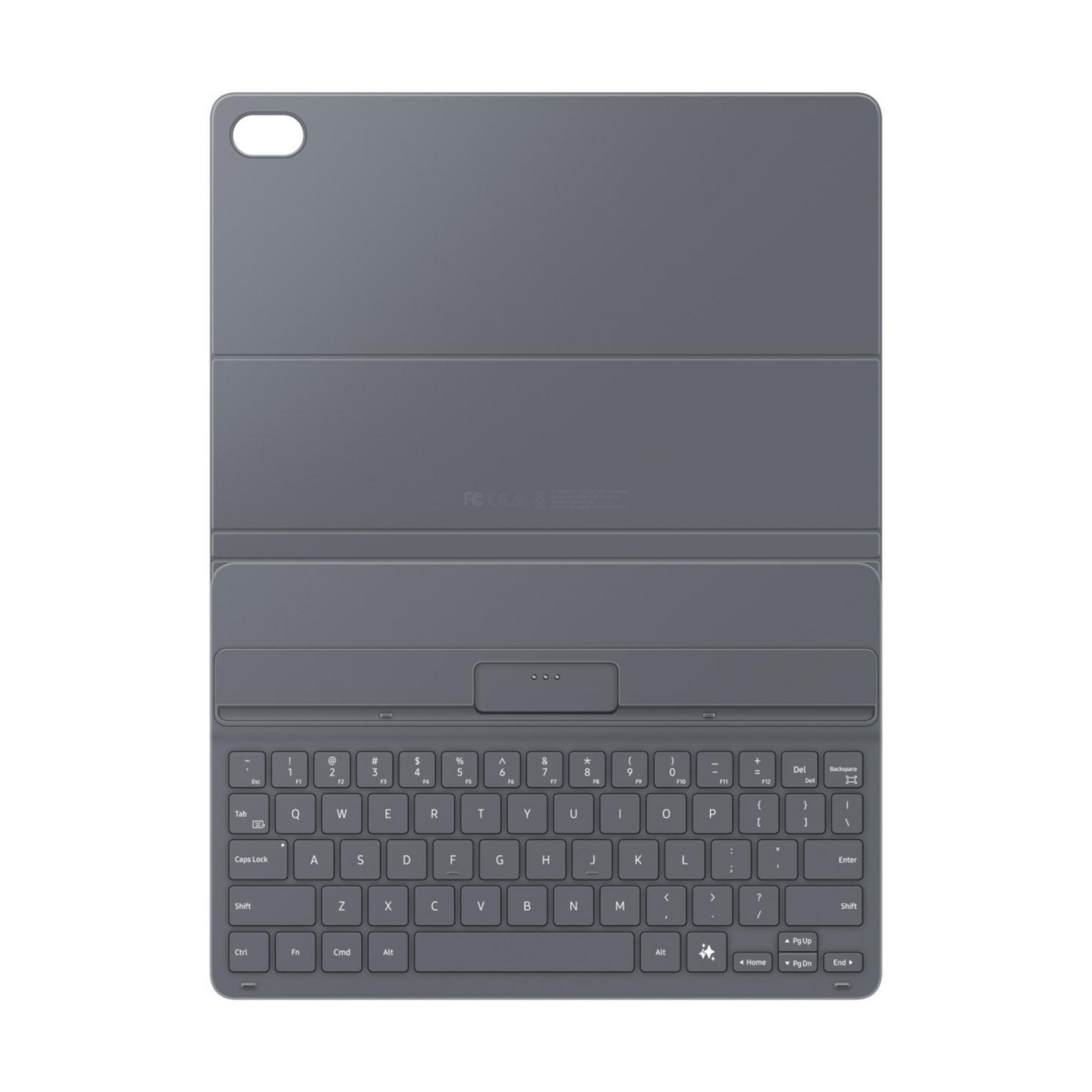 Una cover con tastiera grigia per tablet con layout completo e foro per fotocamera.