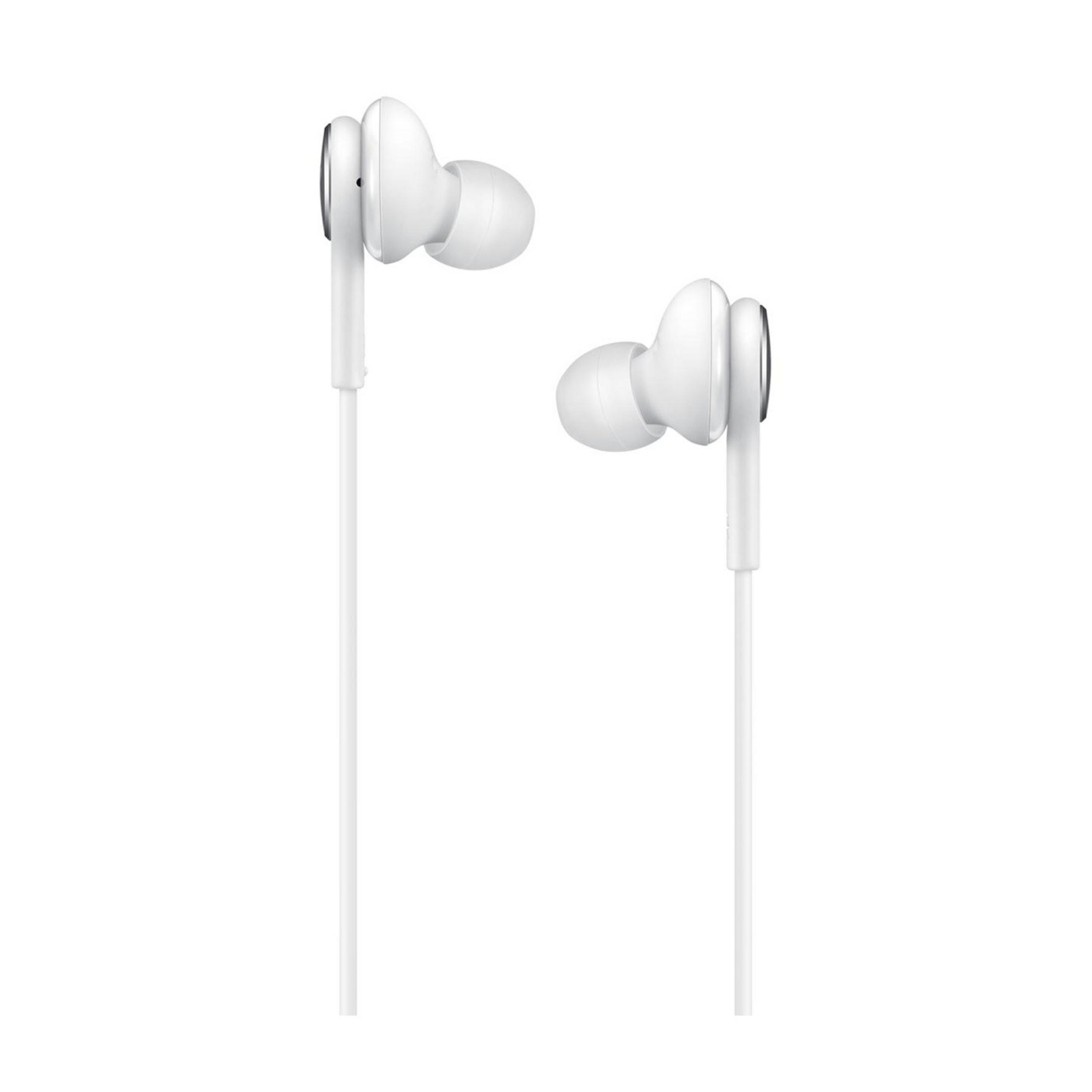Zwei weiße In-Ear-Kopfhörer mit Kabel, isoliert auf weißem Hintergrund.