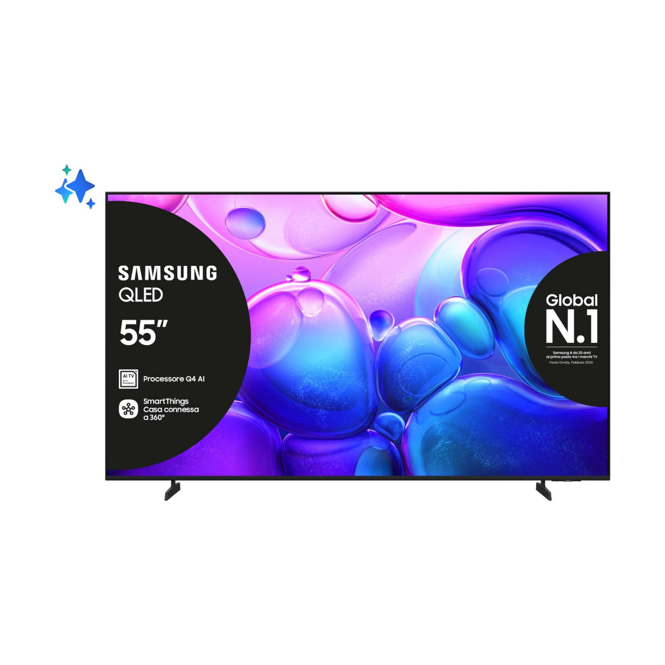 Una TV Samsung QLED da 55 pollici con processore AI e SmartThings.