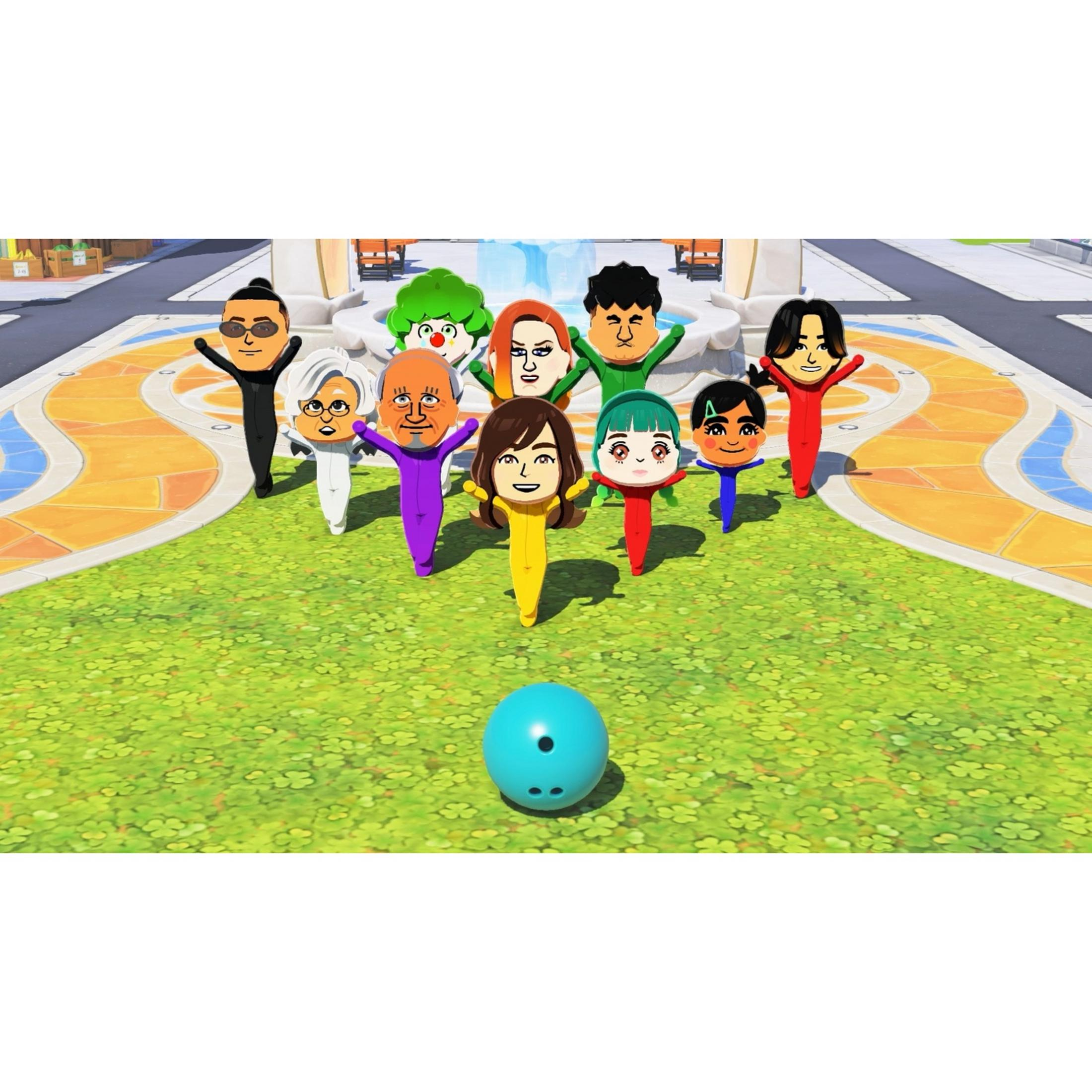 Una bola de bolos azul yace en el césped ante un grupo de avatares coloridos.