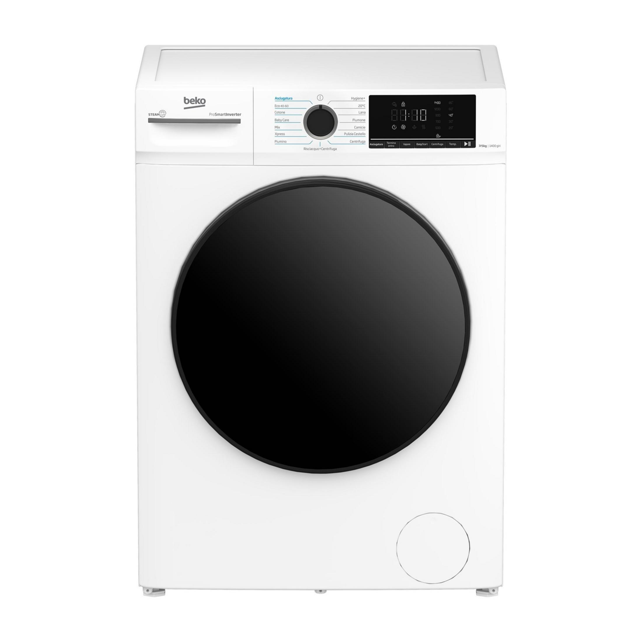 Lavatrice Beko bianca con oblò nero e pannello di controllo digitale.