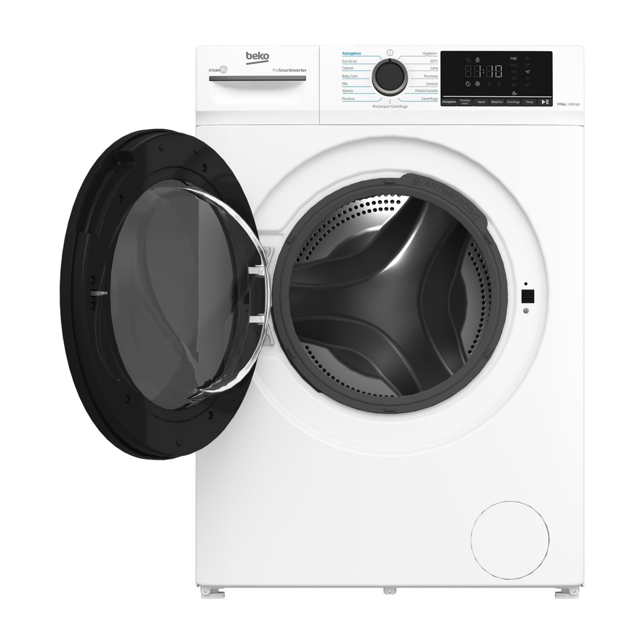Una lavatrice Beko bianca con oblò aperto, interno del cestello visibile.