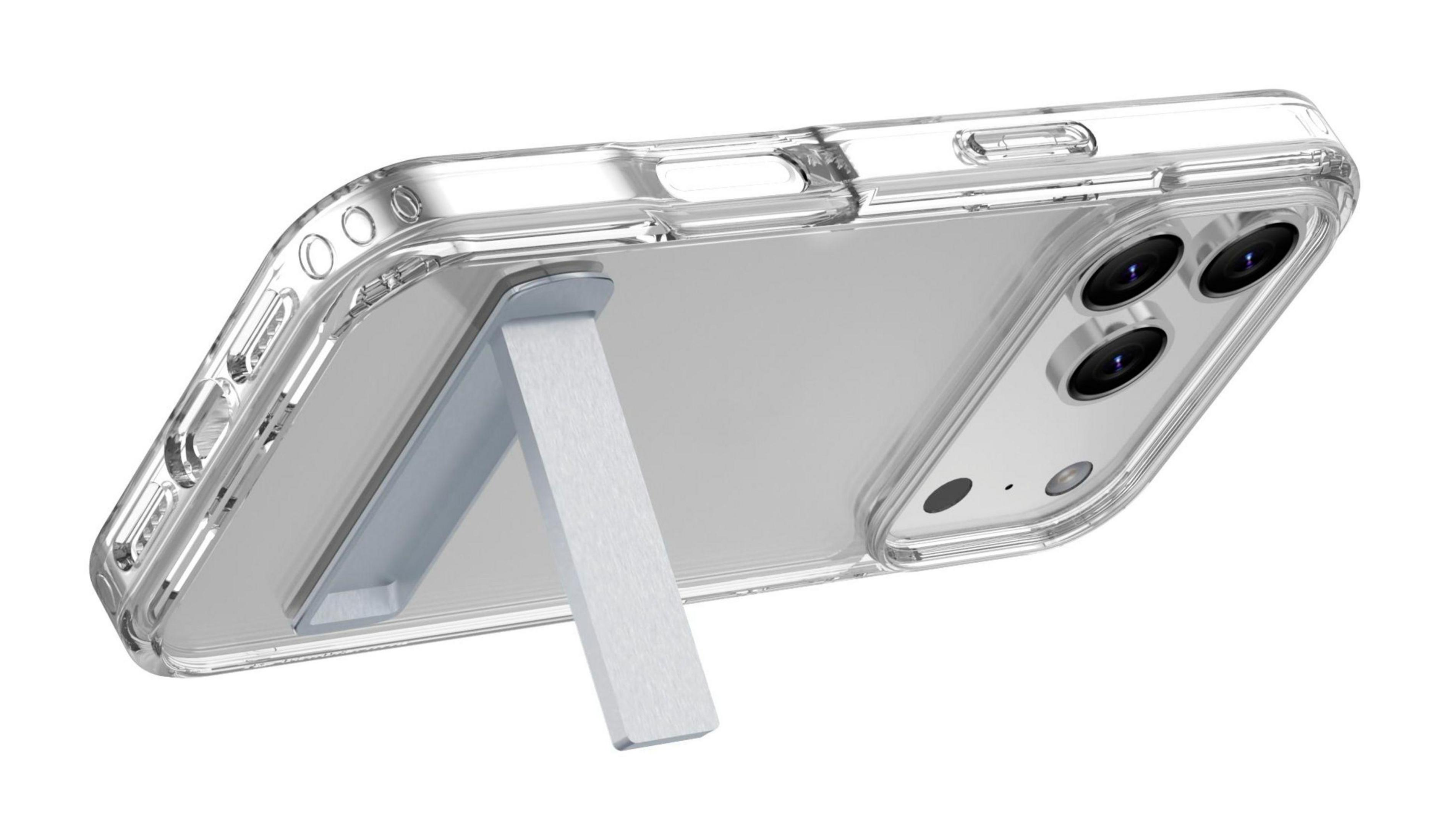 Coque de téléphone transparente avec support intégré, montrant caméras et boutons.