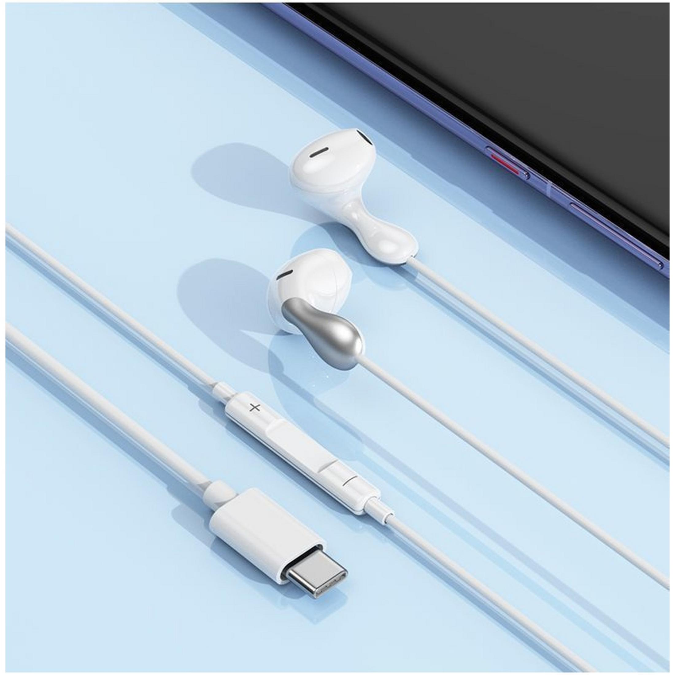 Witte oortjes met USB-C-connector op een lichtblauwe achtergrond.