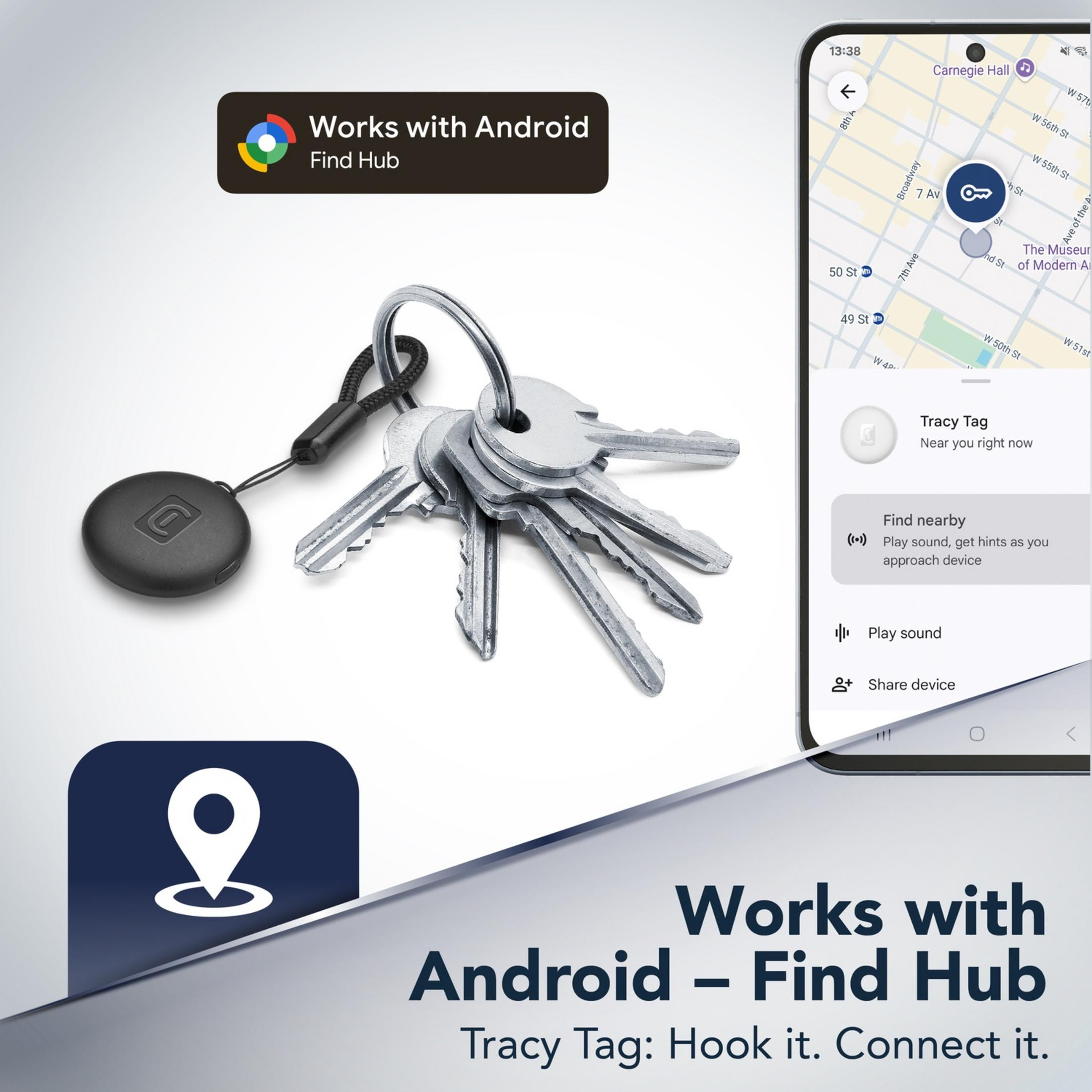 Ein schwarzer Tracker und Schlüsselbund werden gezeigt, daneben ein Smartphone mit einer Karte.
