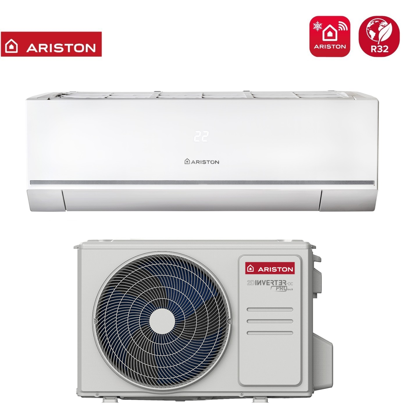 Un condizionatore Ariston bianco con unità interna ed esterna. Temperatura 22°C.