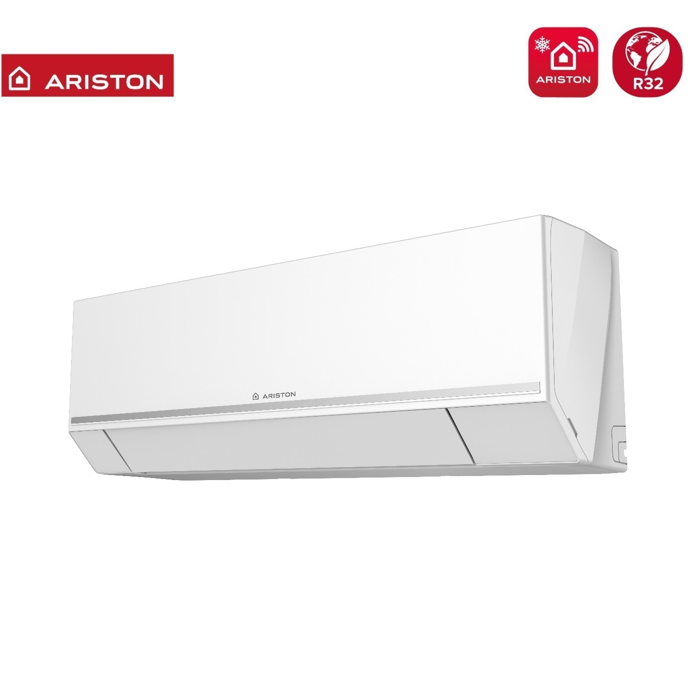 Un'unità di condizionatore Ariston bianca è mostrata su sfondo bianco.