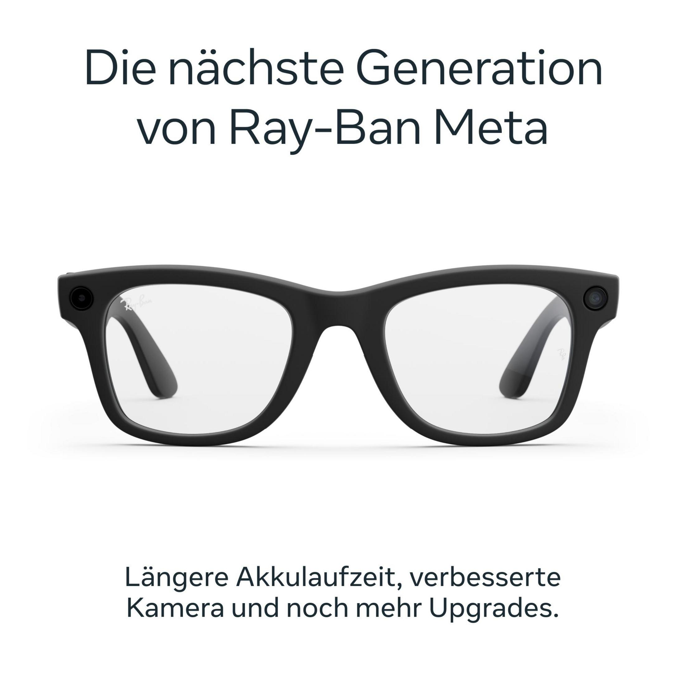 Gafas Ray-Ban Meta negras con cámara y texto encima.
