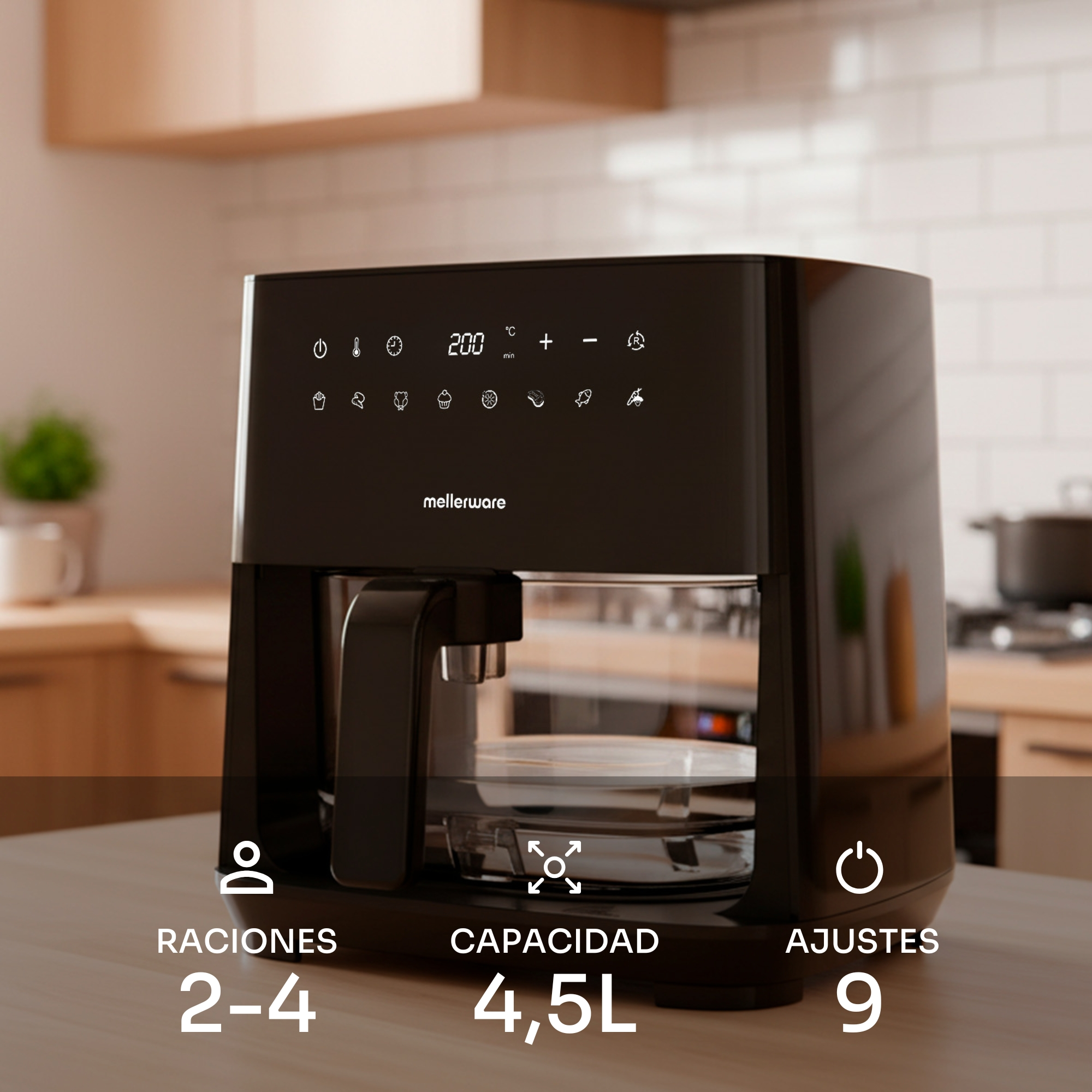 Freidora de aire Mellerware negra con controles digitales e iconos de menú.