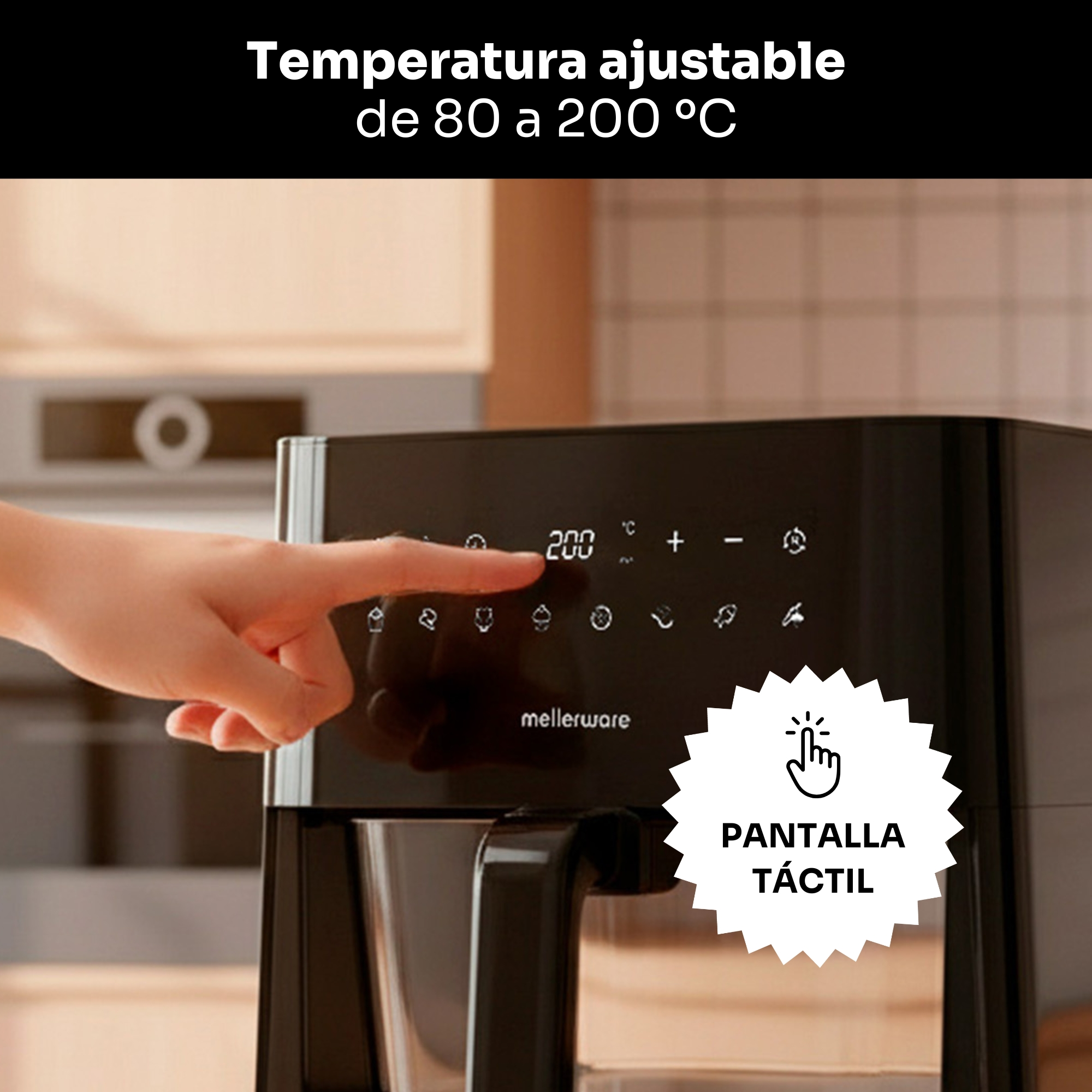 Una mano toca la pantalla táctil de un panel de control de freidora de aire negro que muestra 200°C.