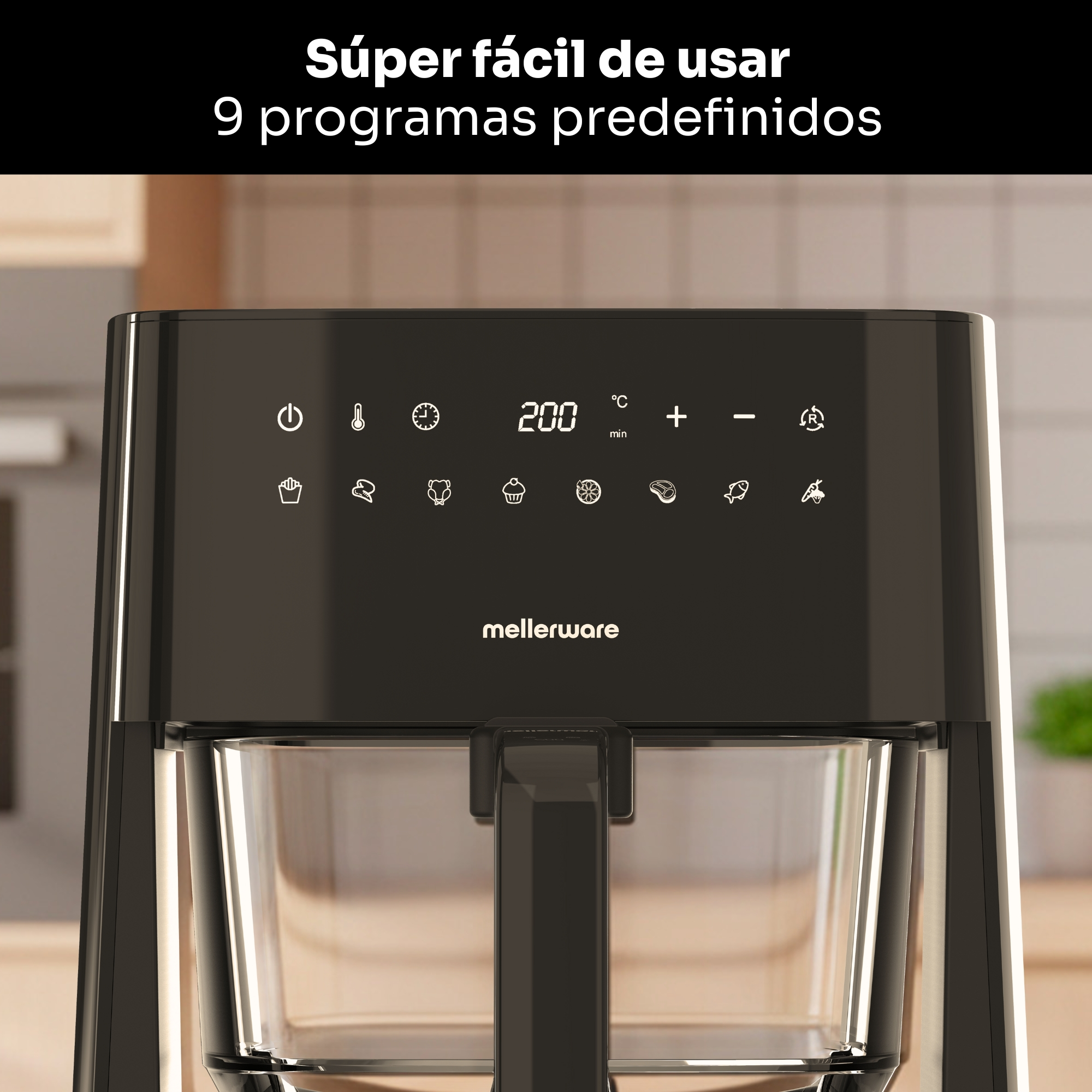 Una pantalla negra de freidora de aire con iconos y lectura de temperatura.