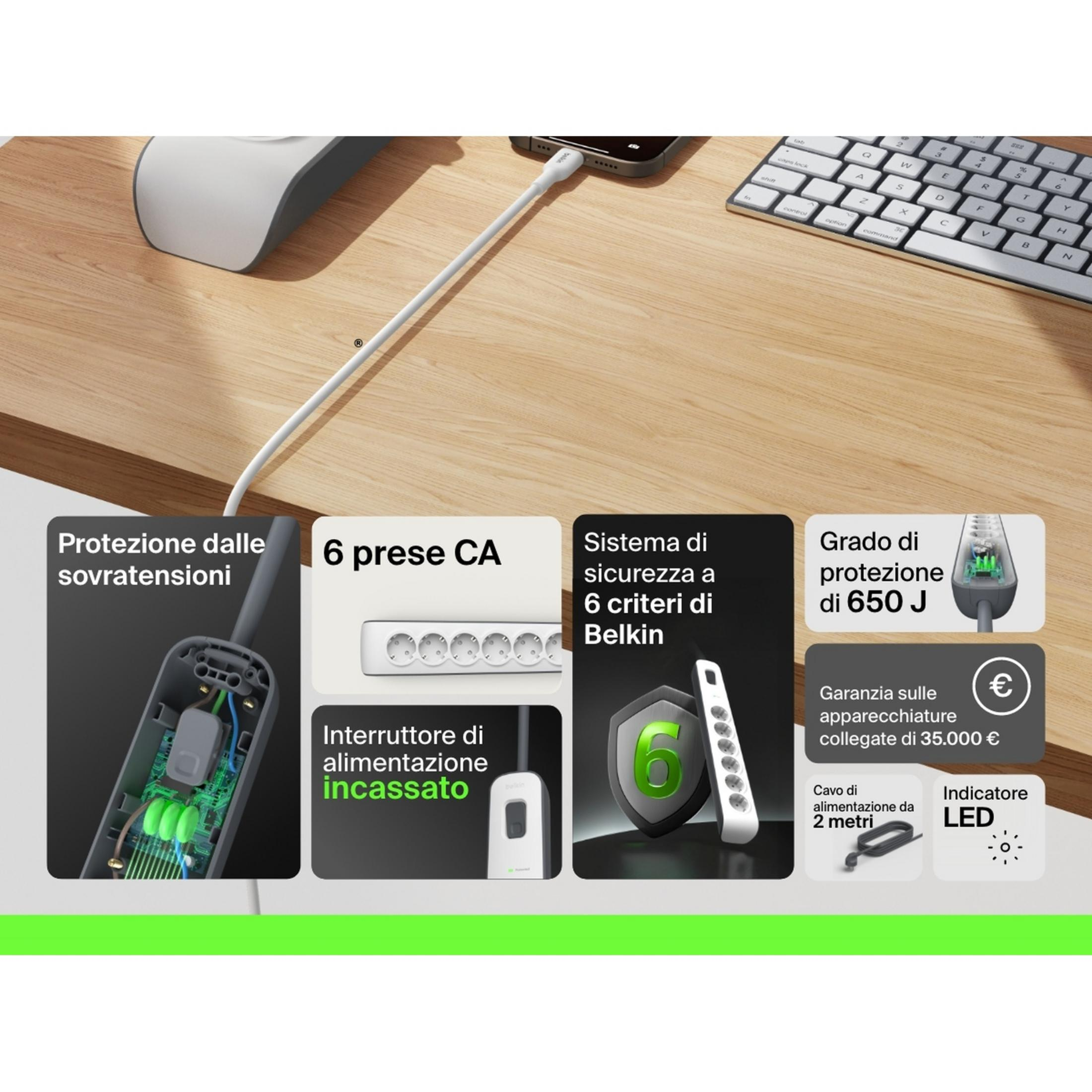 Protezione da sovratensioni con 6 prese, sistema Belkin, protezione 650J.