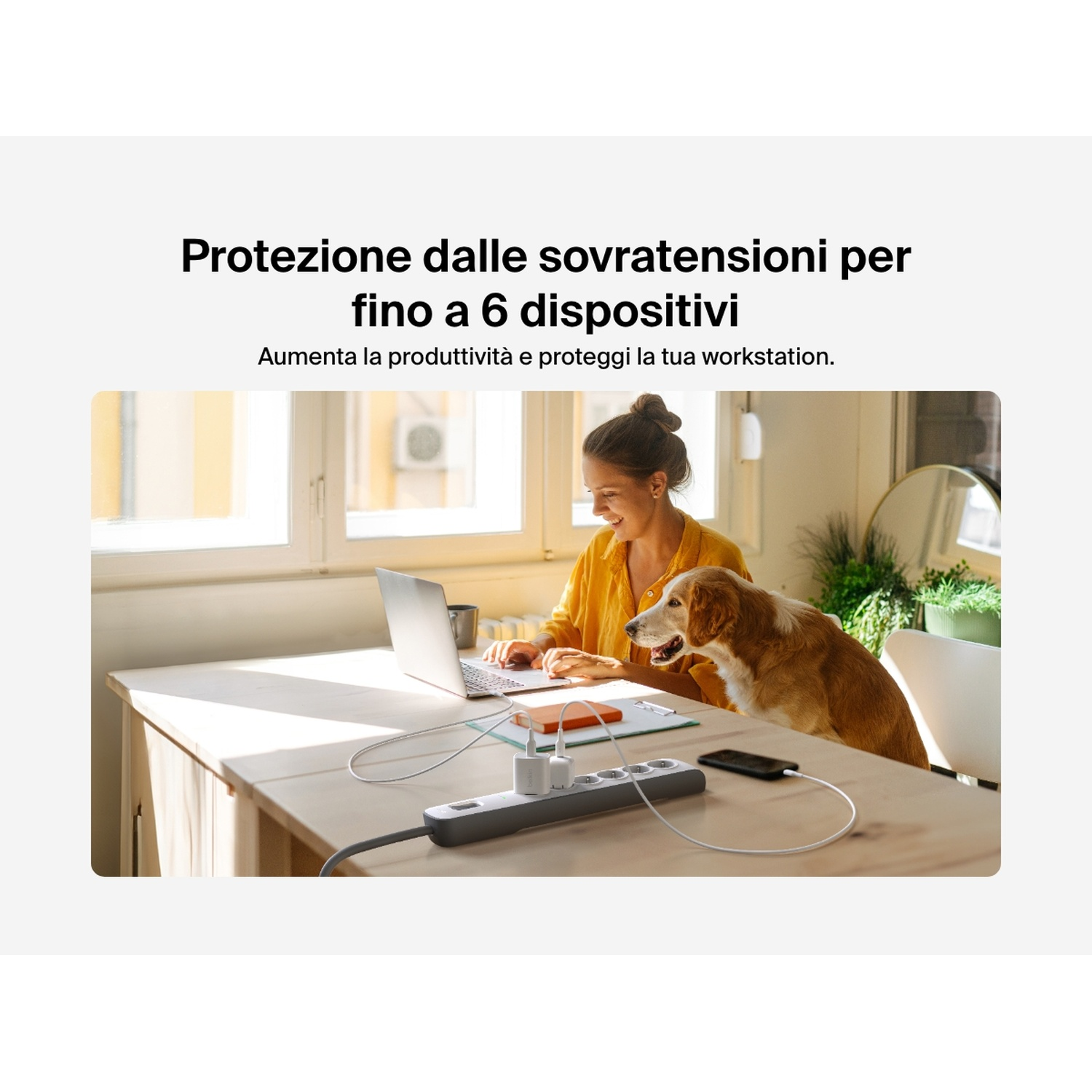 Una donna lavora al laptop con un cane accanto. Una ciabatta carica dispositivi.