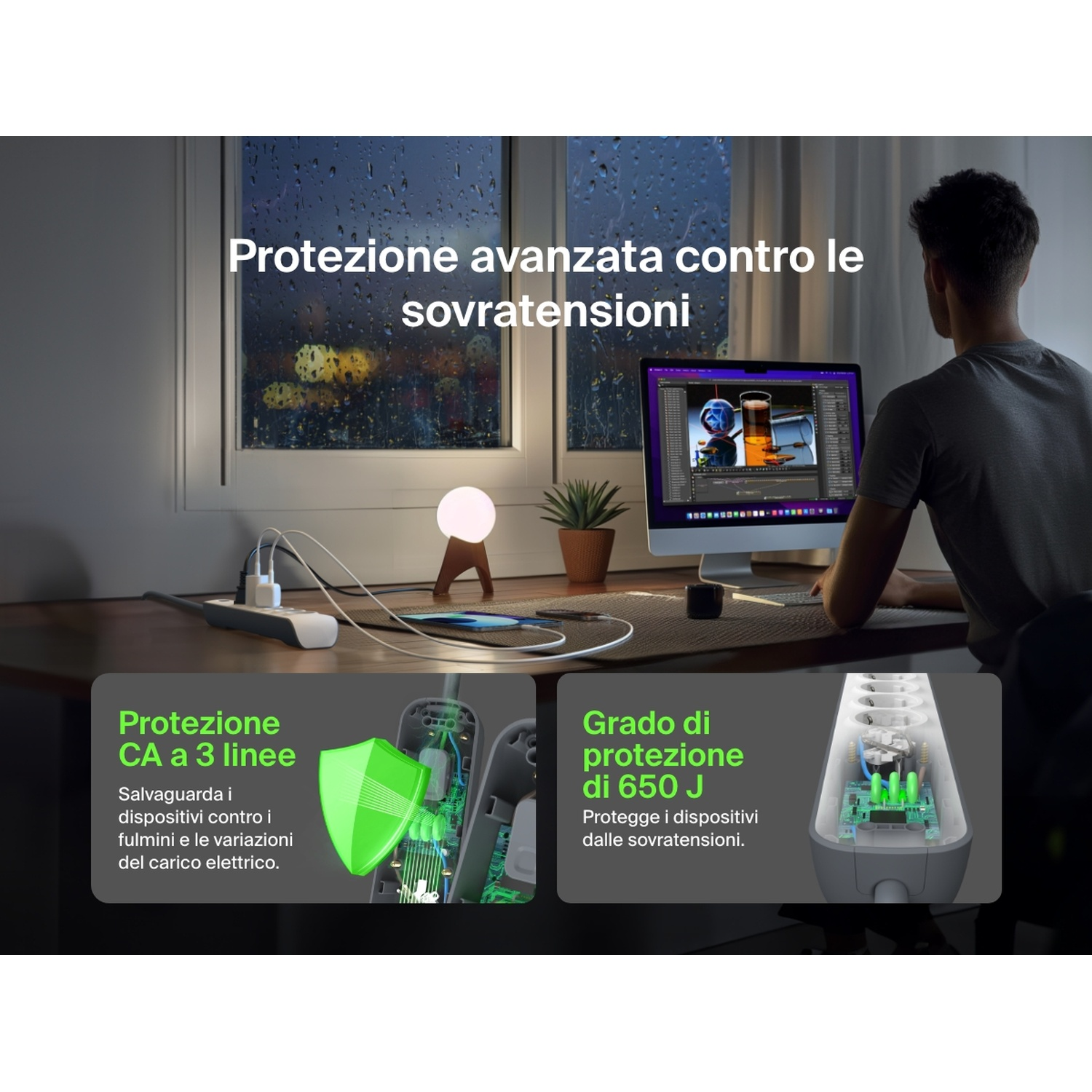 Uomo lavora al computer mentre fuori piove. Protezione da sovratensioni.