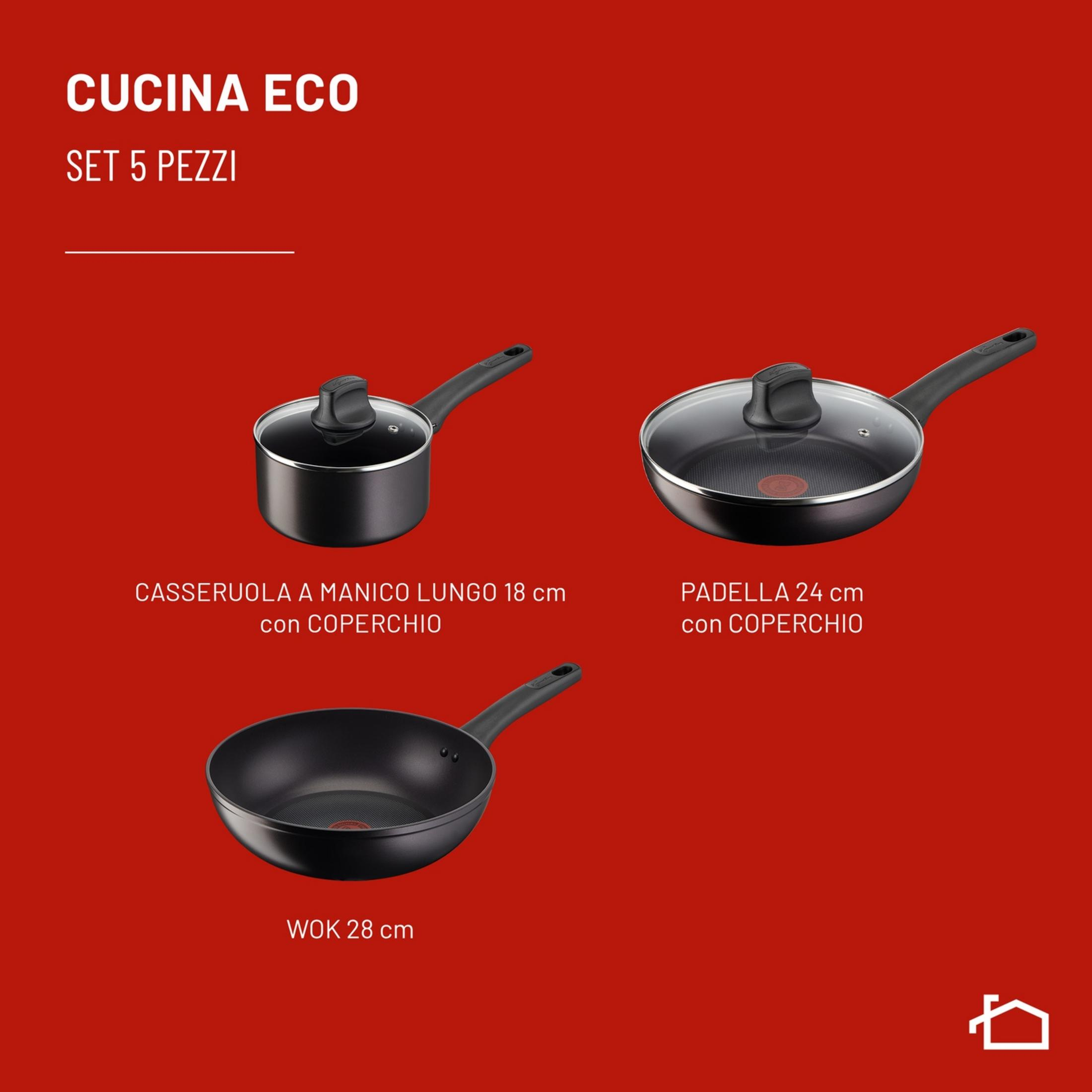 Set de 5 utensilios de cocina: cazo 18 cm, sartén 24 cm, wok 28 cm.