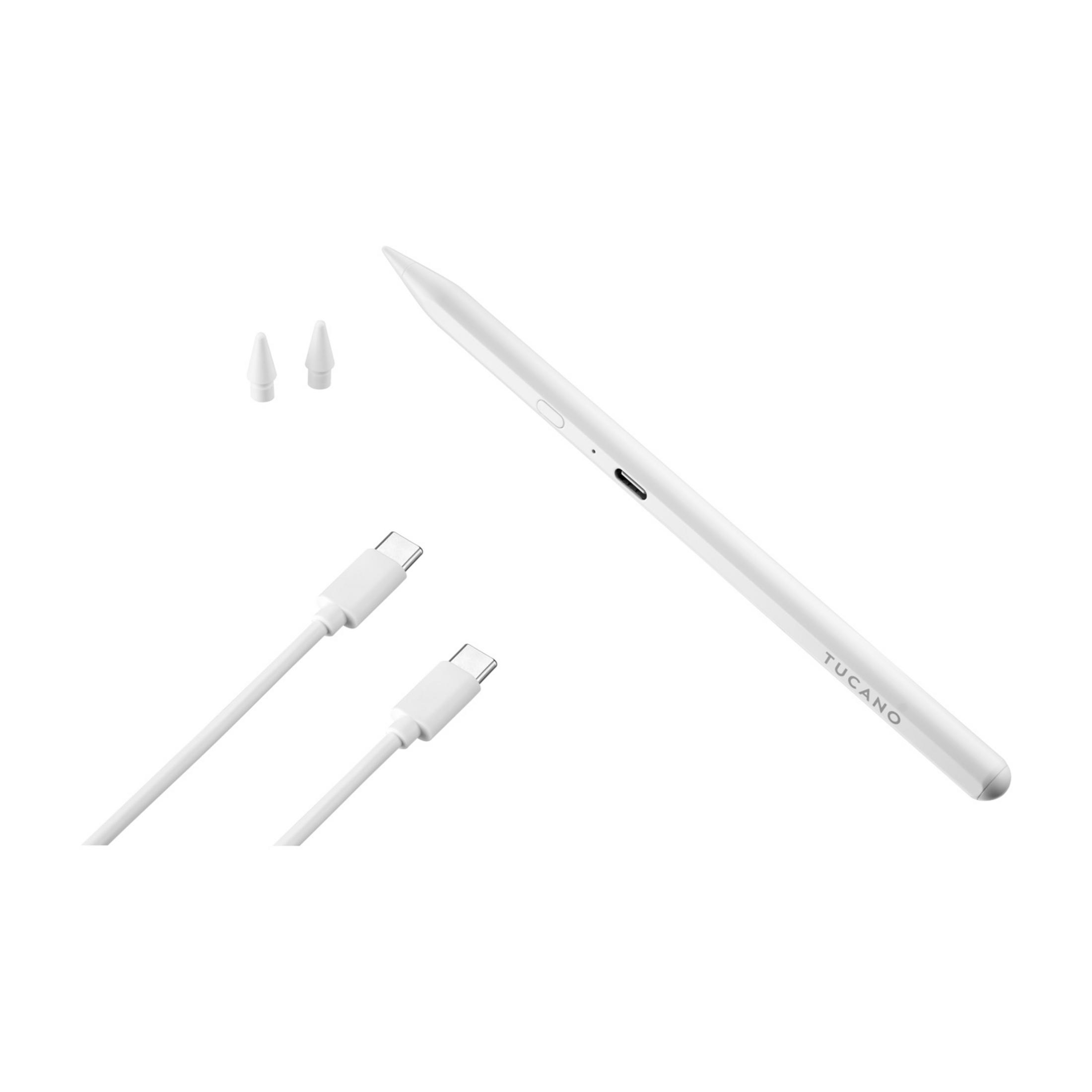 Weißer Stift, zwei Ladekabel und zwei Ersatzspitzen auf weißem Hintergrund.
