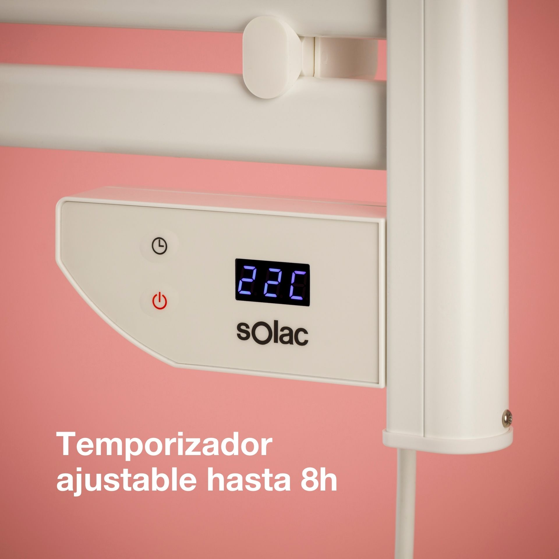 Calentador blanco con pantalla digital (220) e iconos de temporizador sobre fondo rosa.