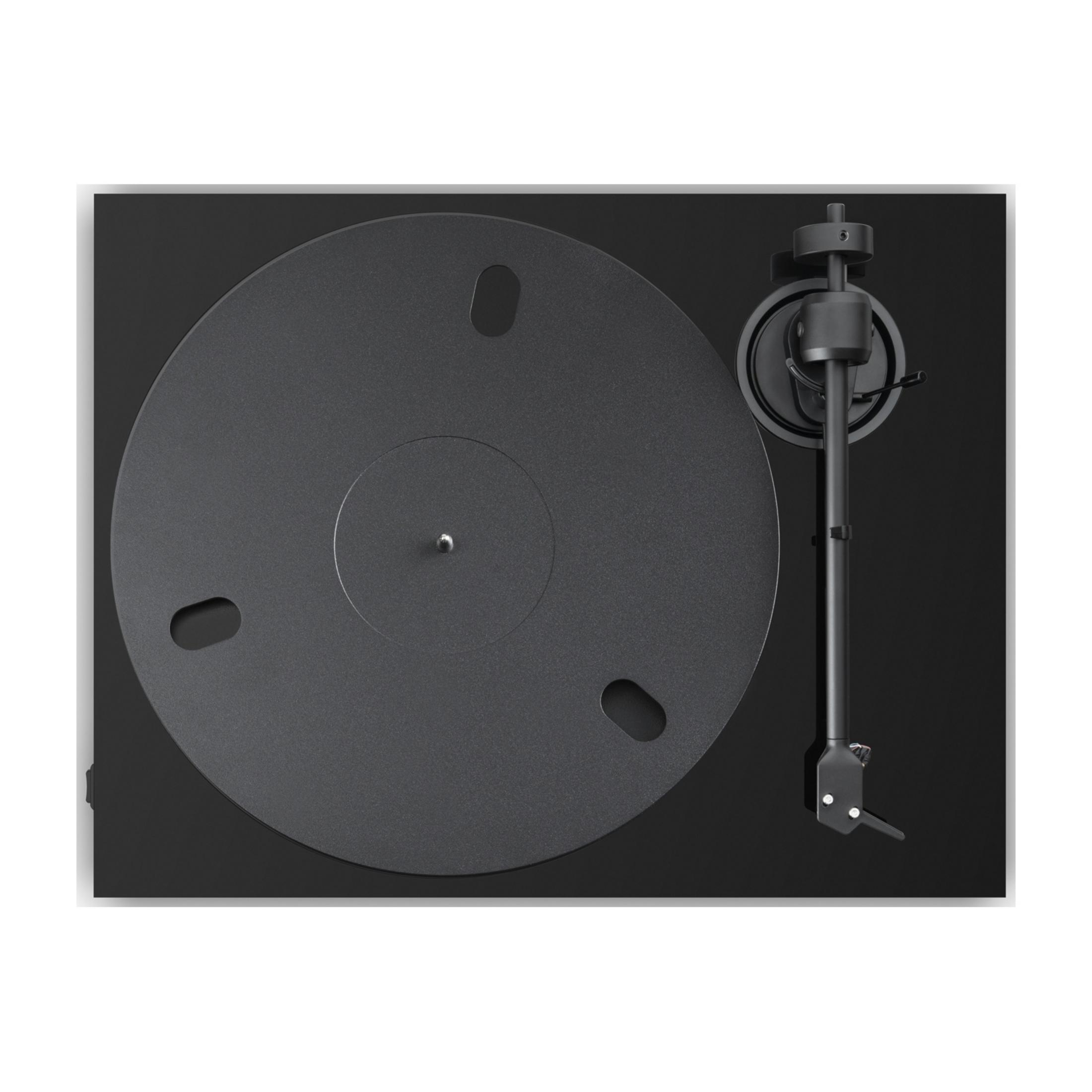 Black turntable with tonearm and platter.