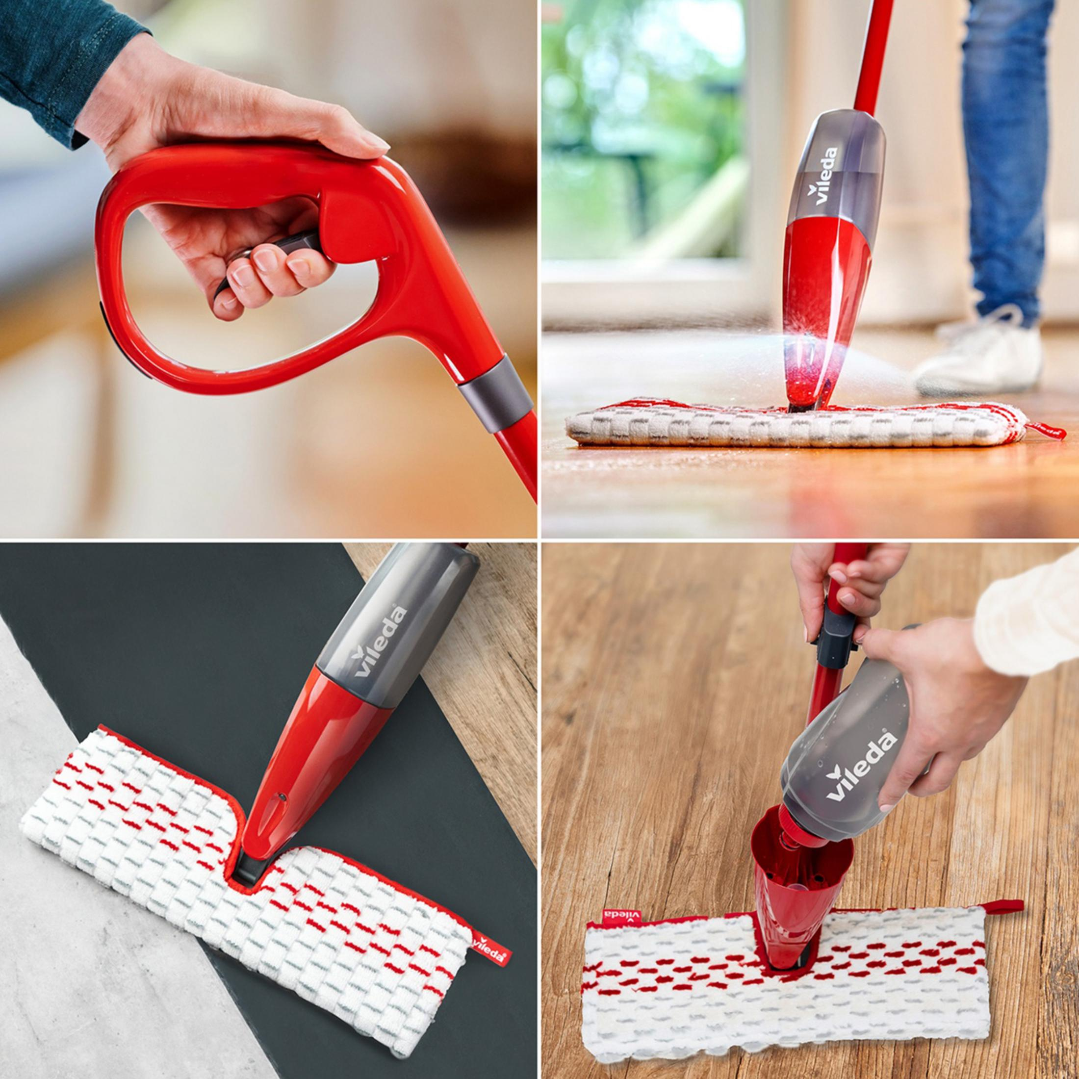 Mocio spray Vileda: manico, spruzzo, ricarica e pulizia pavimenti.