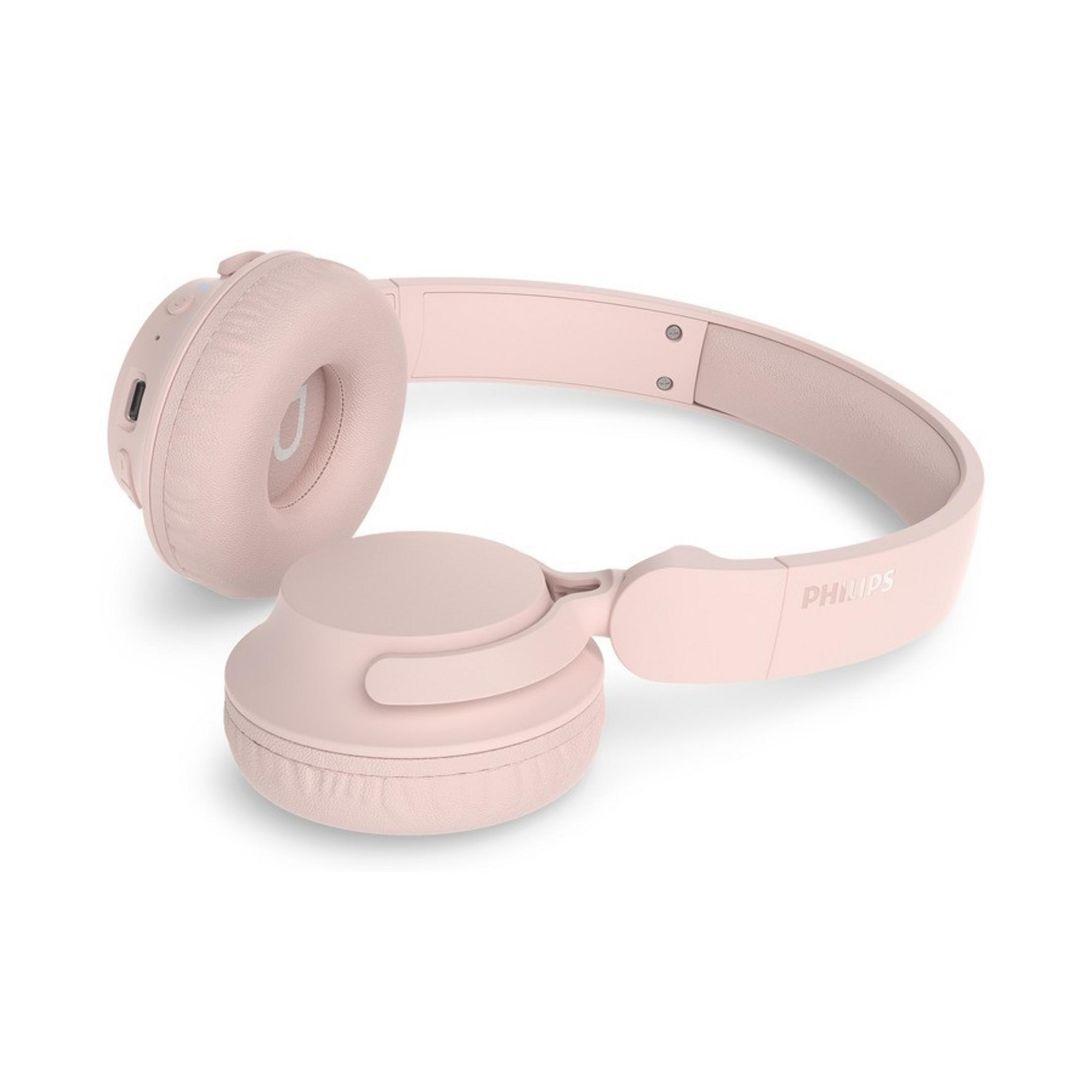 Ein Paar hellrosa Philips Over-Ear-Kopfhörer mit weichen Ohrmuscheln und verstellbarem Bügel, auf weißem Hintergrund dargestellt.