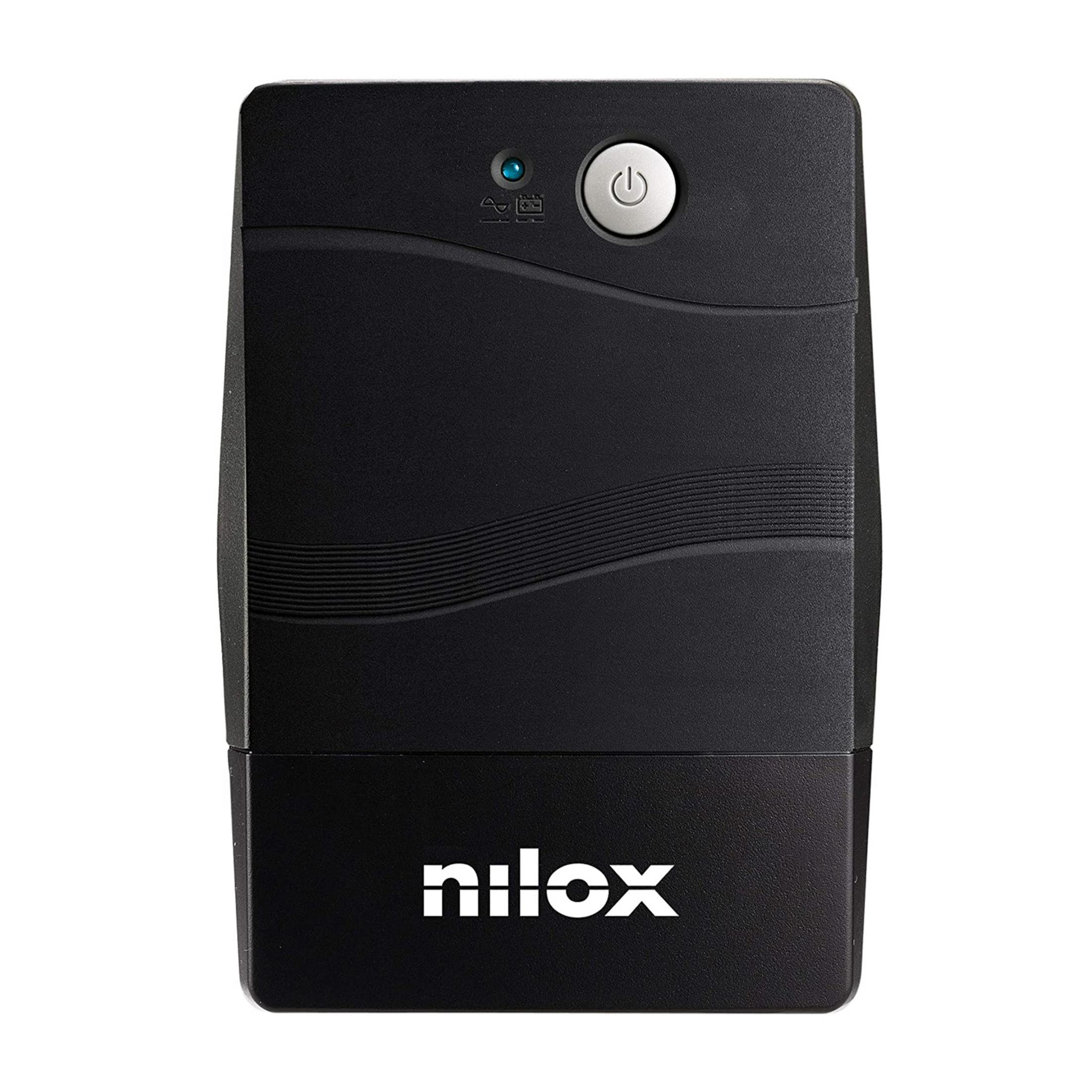 Un dispositivo Nilox UPS negro con botón de encendido e indicadores.