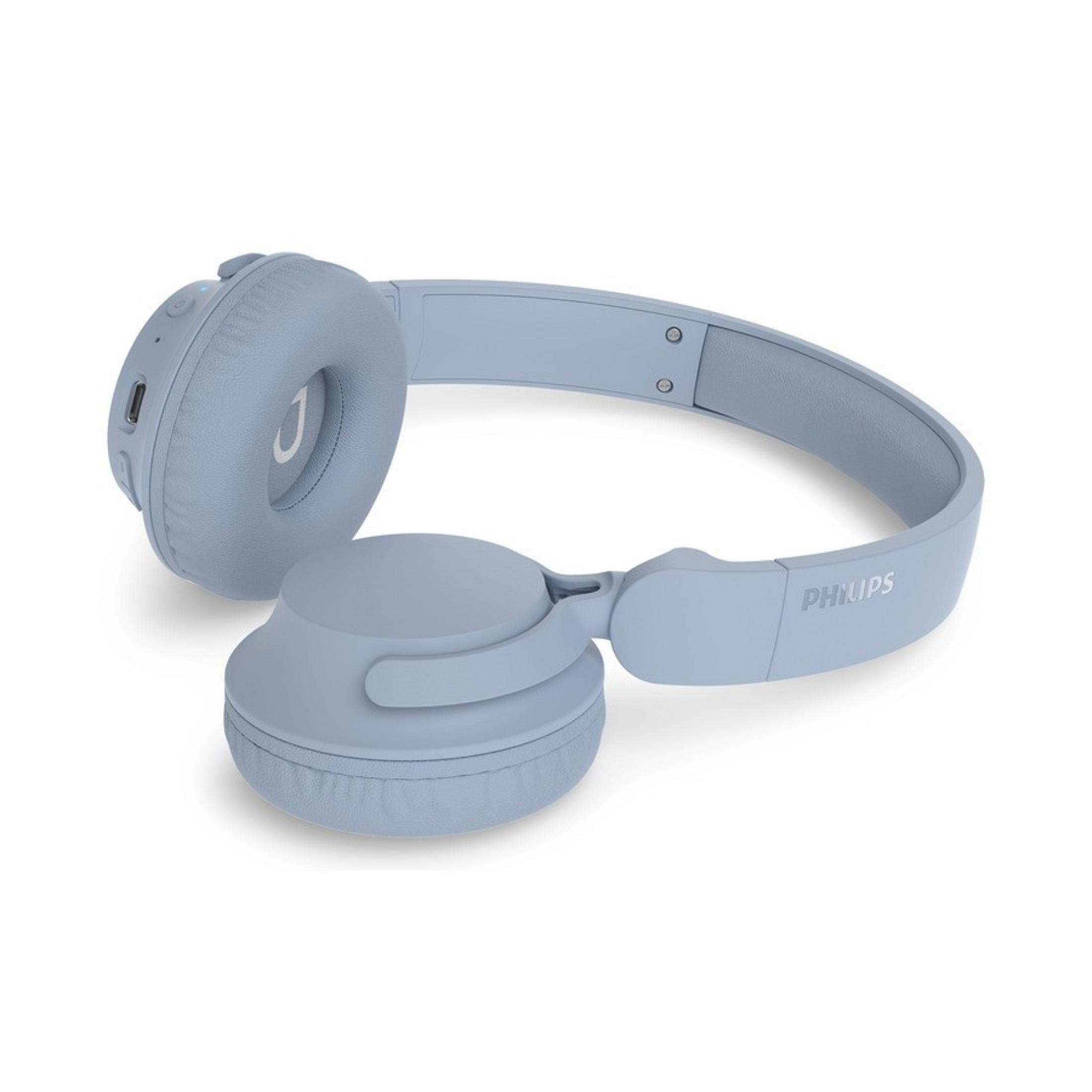 Hellblaue Philips Kopfhörer mit gepolsterten Ohrmuscheln und verstellbarem Kopfbügel.