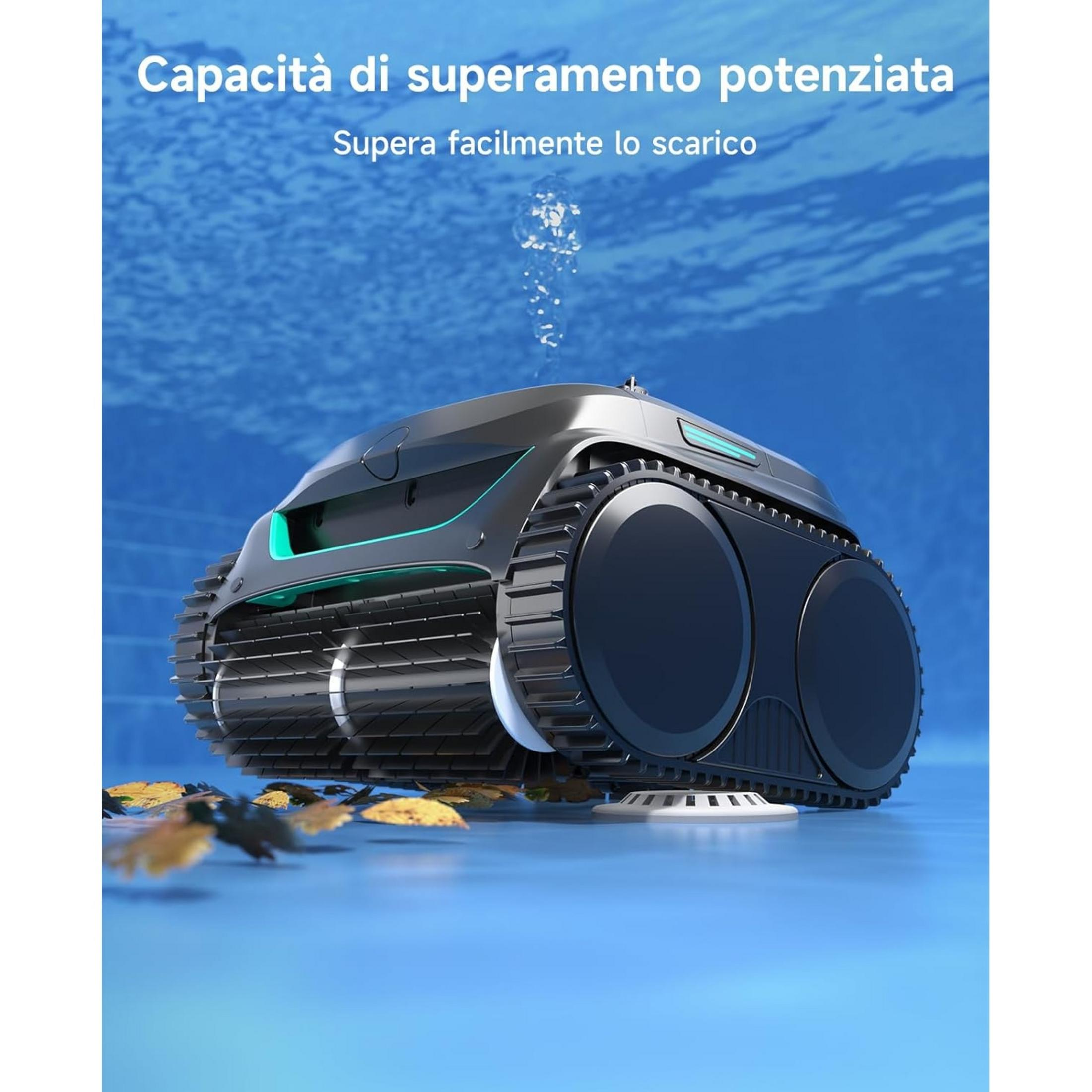 Ein schwarzer Poolroboter mit Ketten fährt durch klares blaues Wasser.