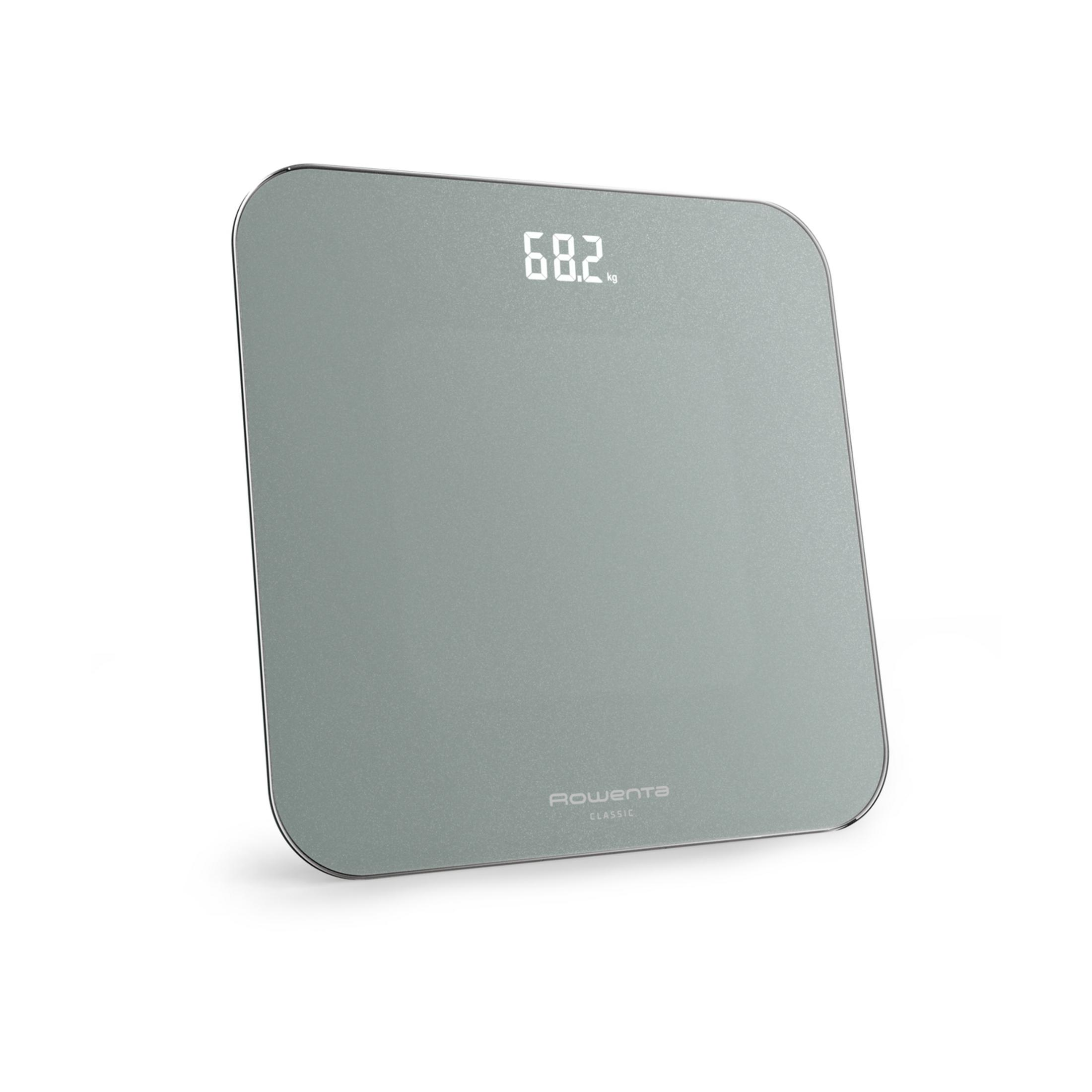 Eine graue digitale Personenwaage mit einer Anzeige von 68,2 kg.