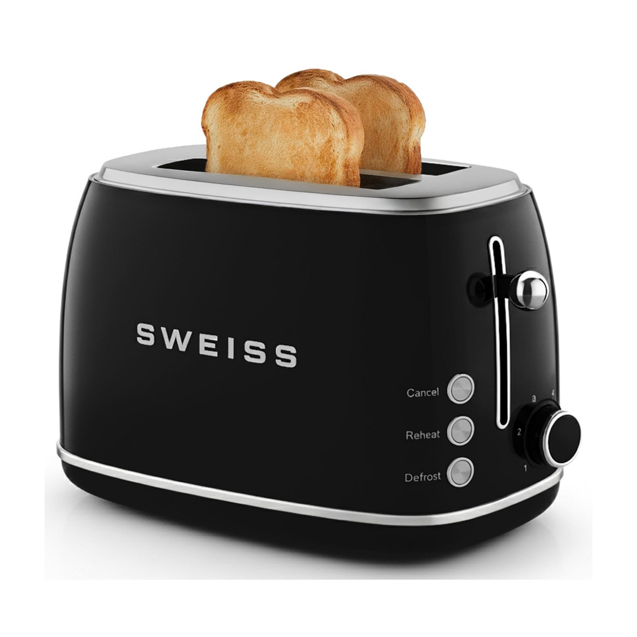 Schwarzer Toaster mit zwei gerösteten Brotscheiben, silbernen Akzenten und Bedienelementen.