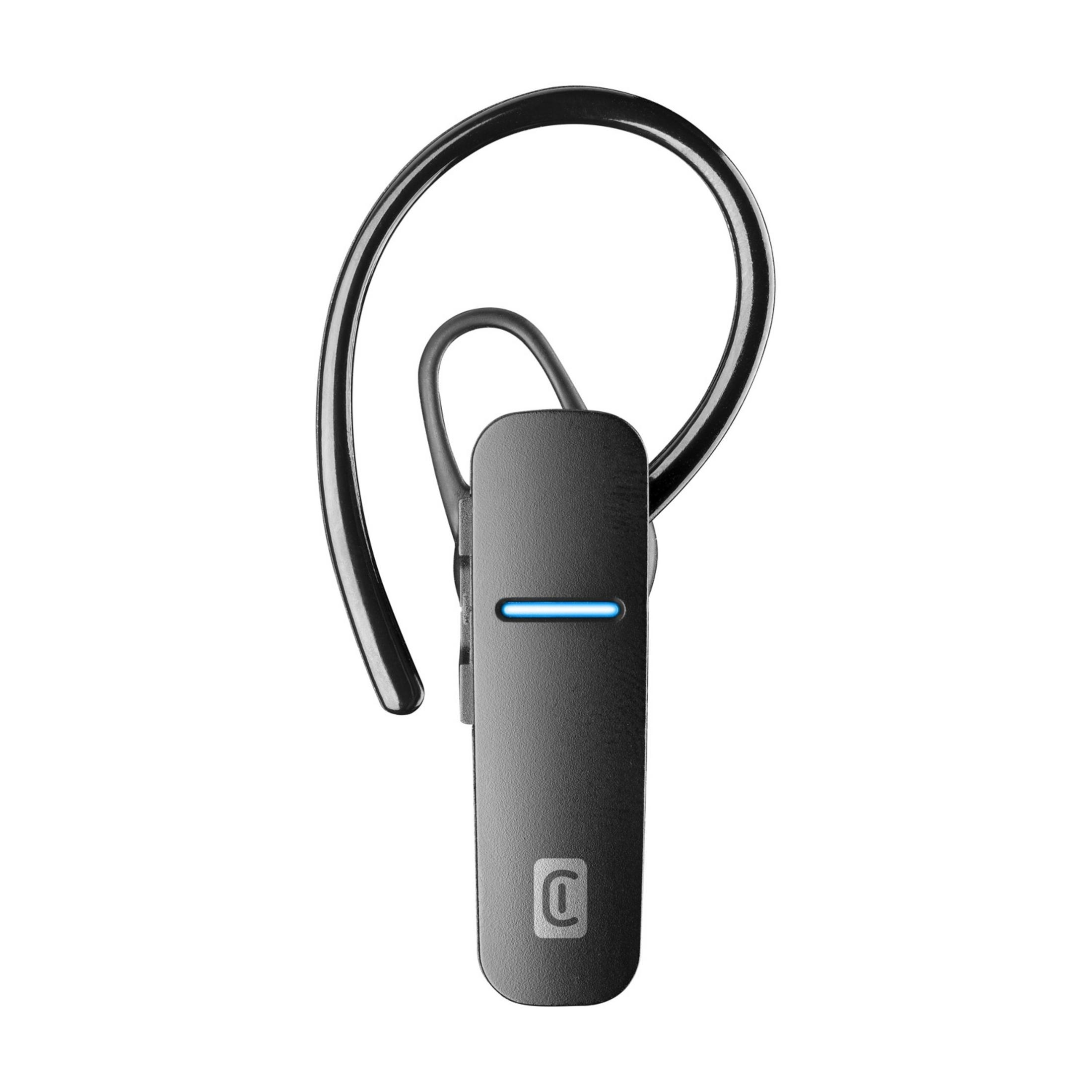 Ein schwarzes Bluetooth-Headset mit einem blauen Lichtbalken und einem Logo.