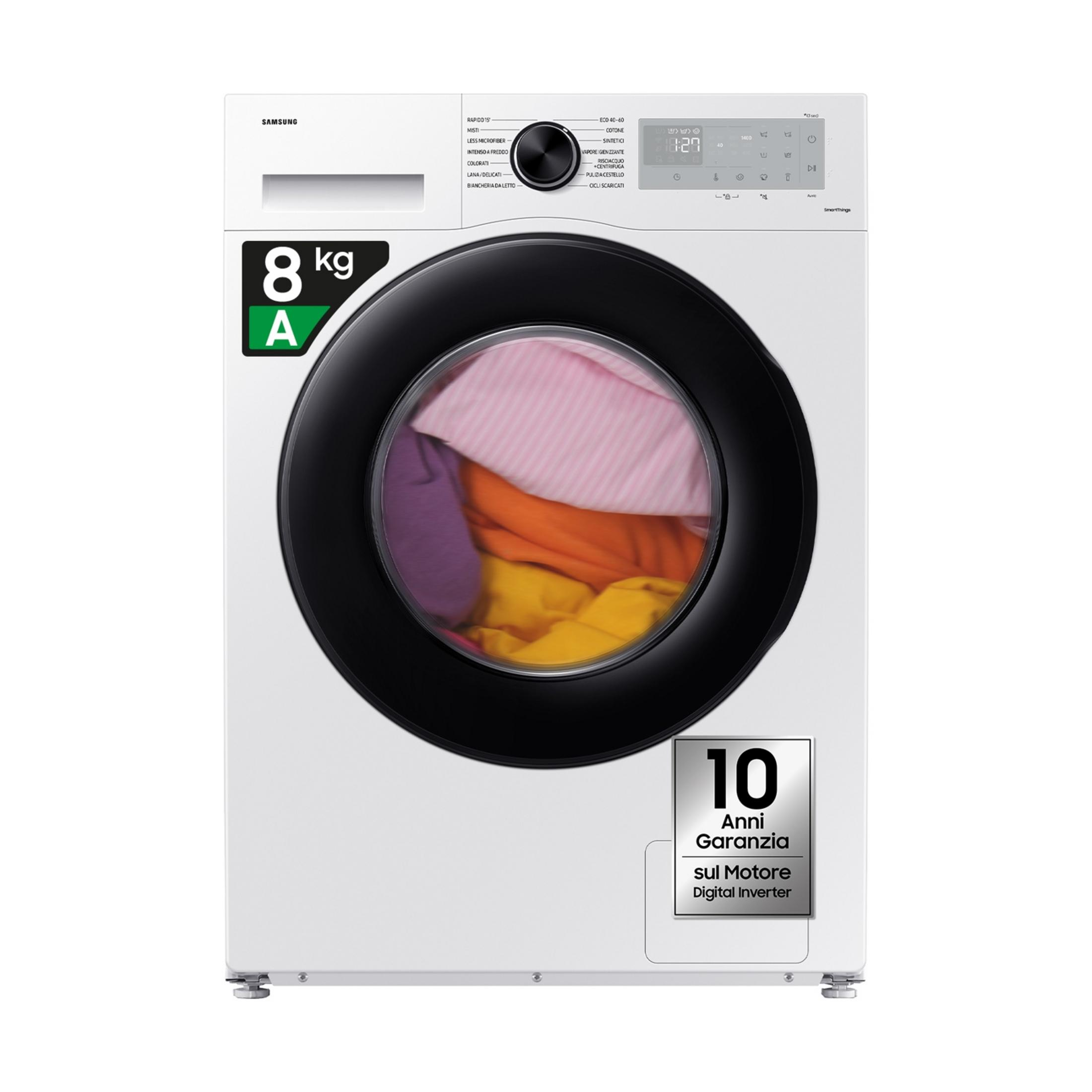 Lavatrice Samsung bianca da 8 kg con panni colorati nel cestello.