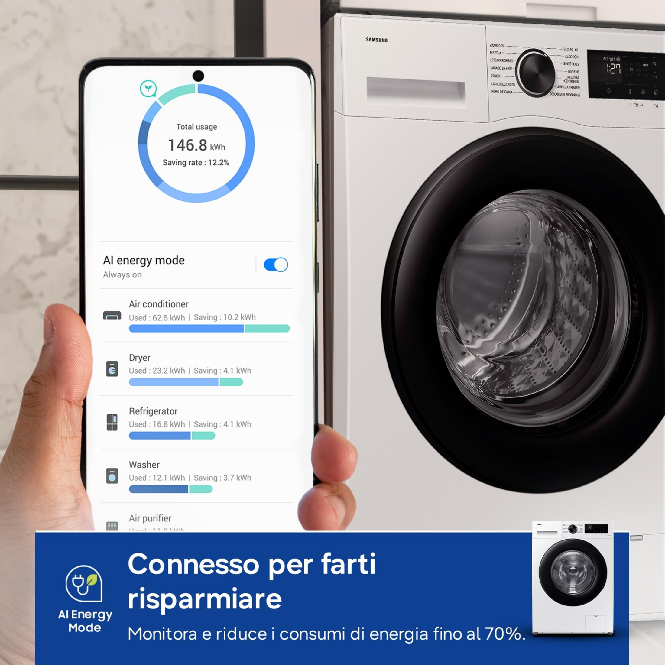 Uno smartphone mostra dati di consumo energetico accanto a una lavatrice.