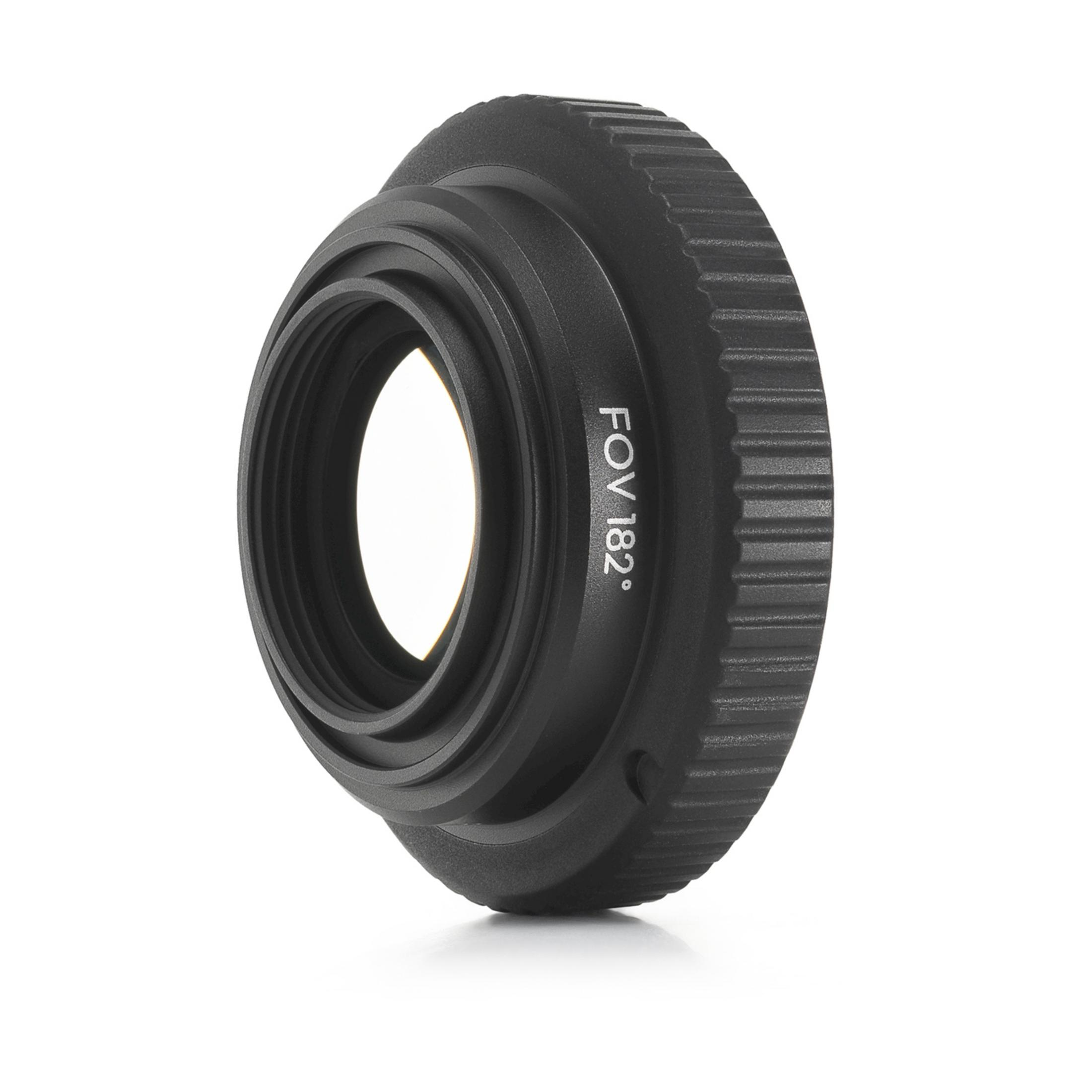 Un adattatore per obiettivi nero con anello zigrinato e testo "FOV 182°".