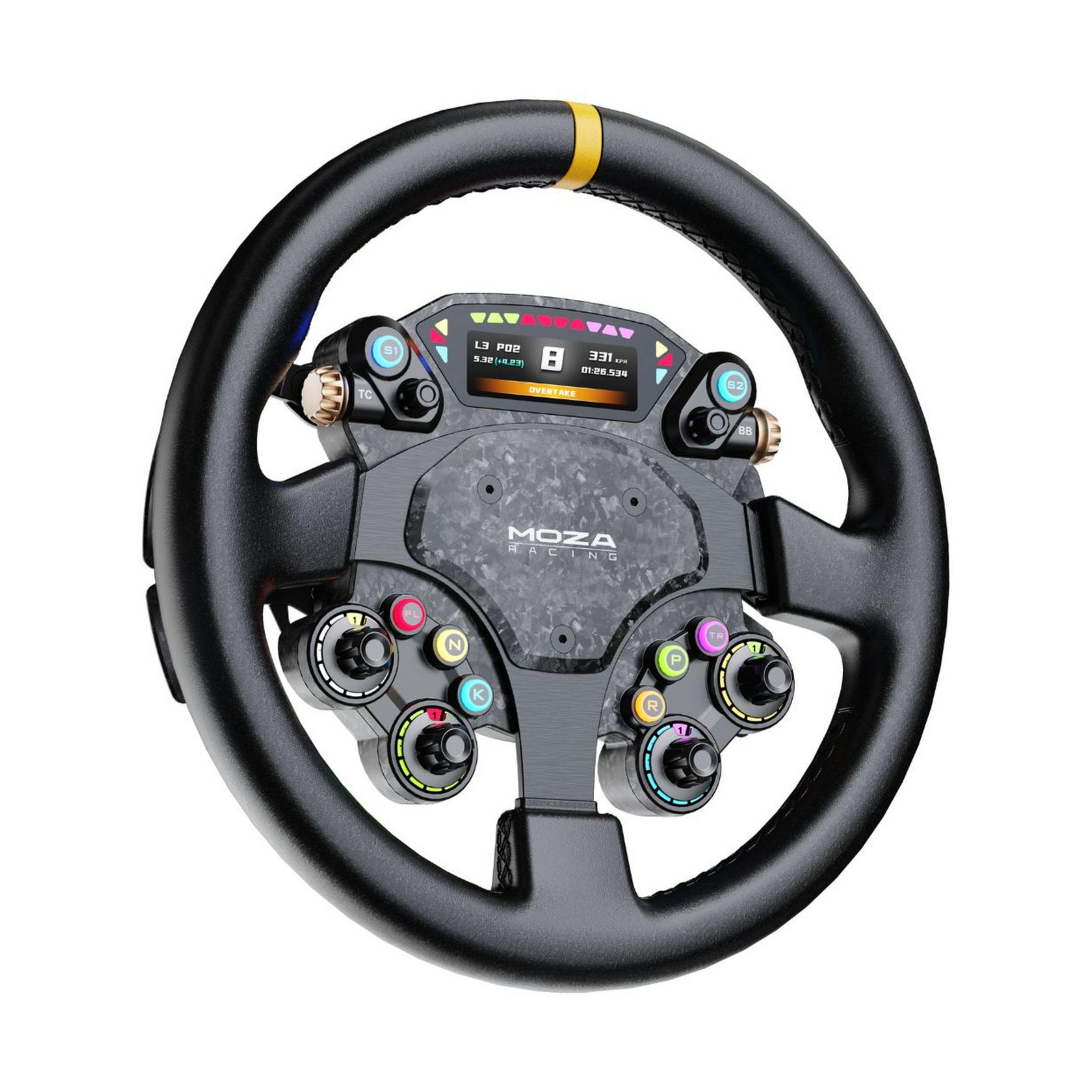 A black racing wheel with carbon accents, a display, and many buttons.