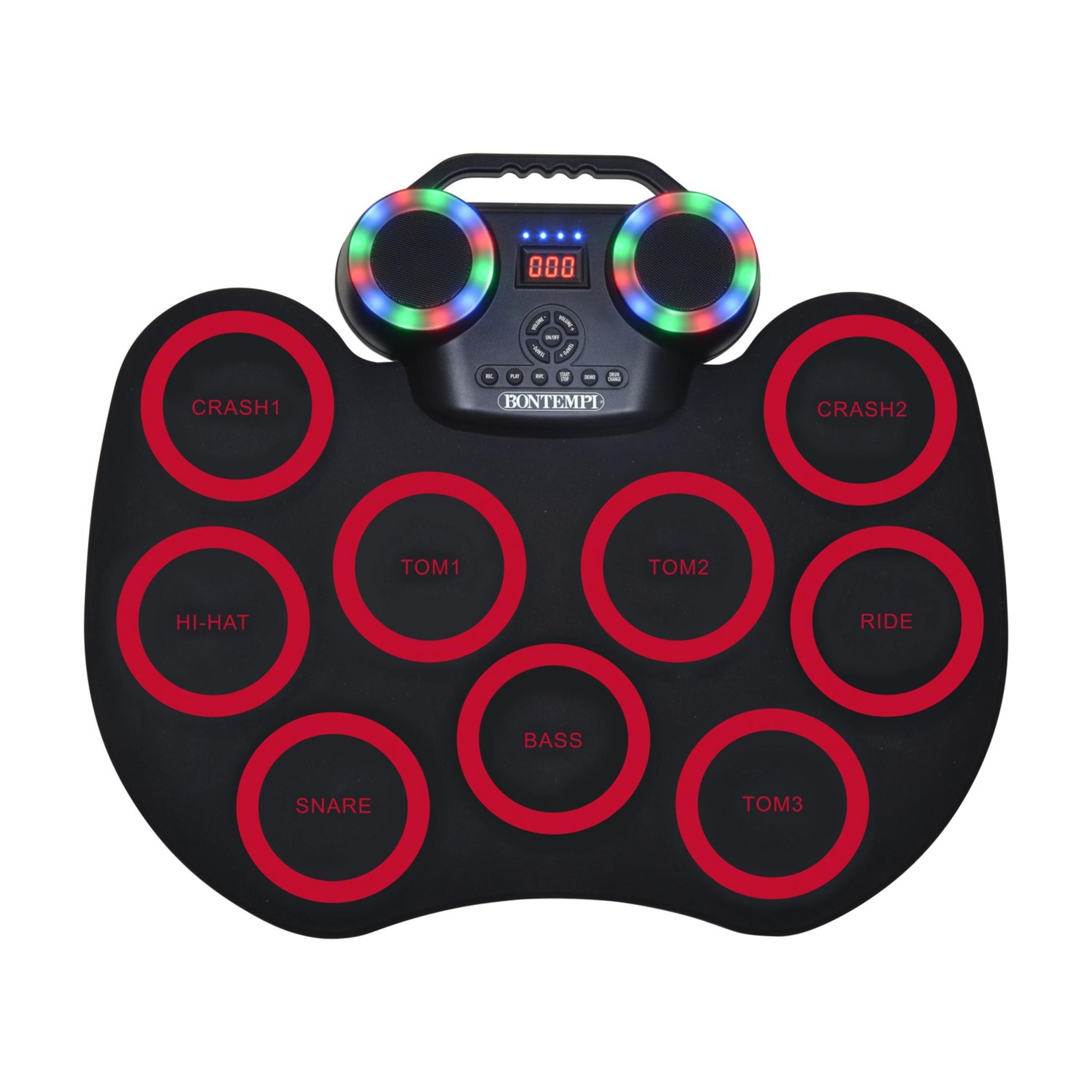 Schwarzes Bontempi E-Drum-Pad mit roten Kreisen für Schlagzeug und bunten LEDs.